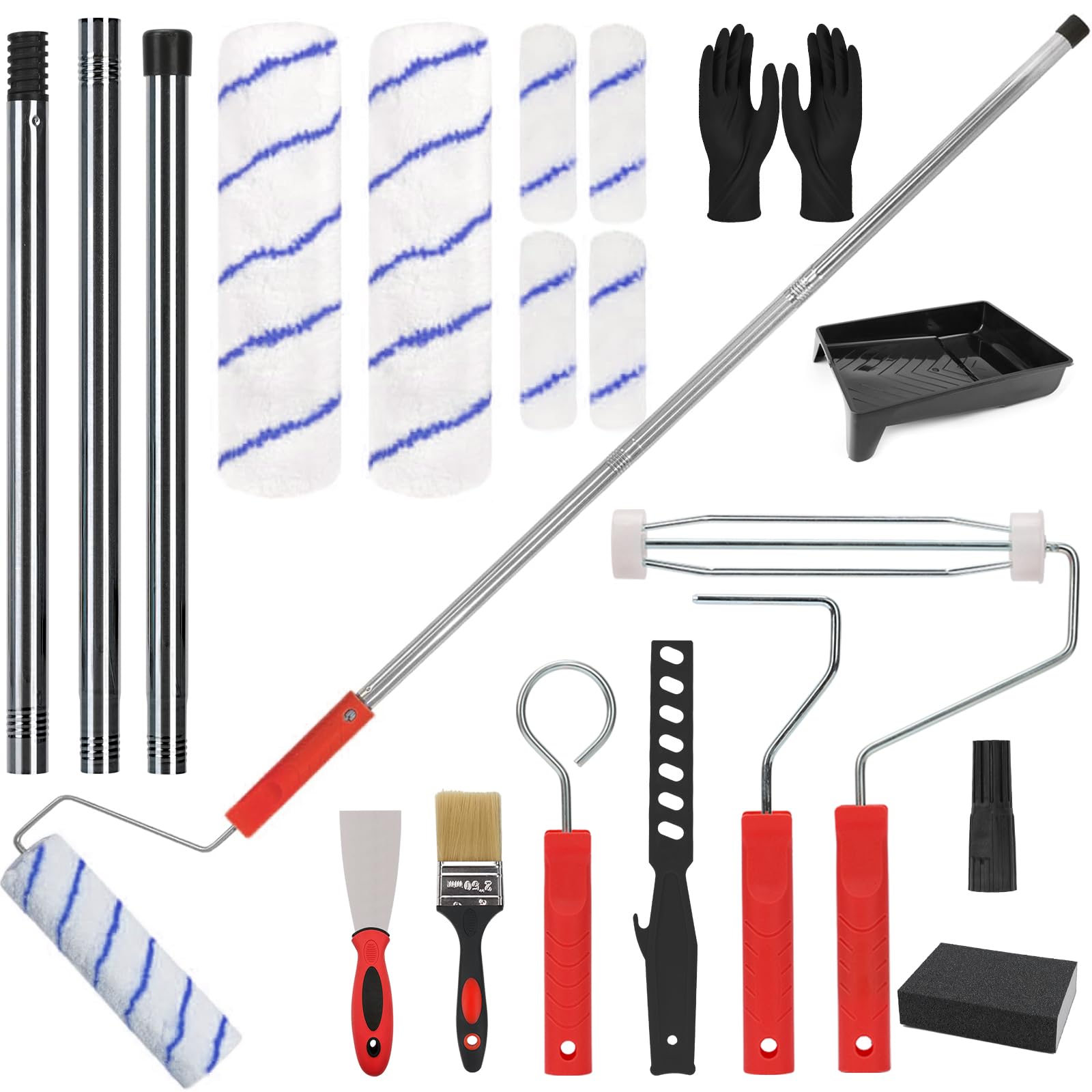 Paint Roller Set - 19Pcs 9” & 4” Roller Sets for Painting with Stainless Steel Extension Pole, Paint Rollers and Trays Sets, Microfiber Covers for Painting Walls, Ceiling, Doors, Trim (Red) — image 1