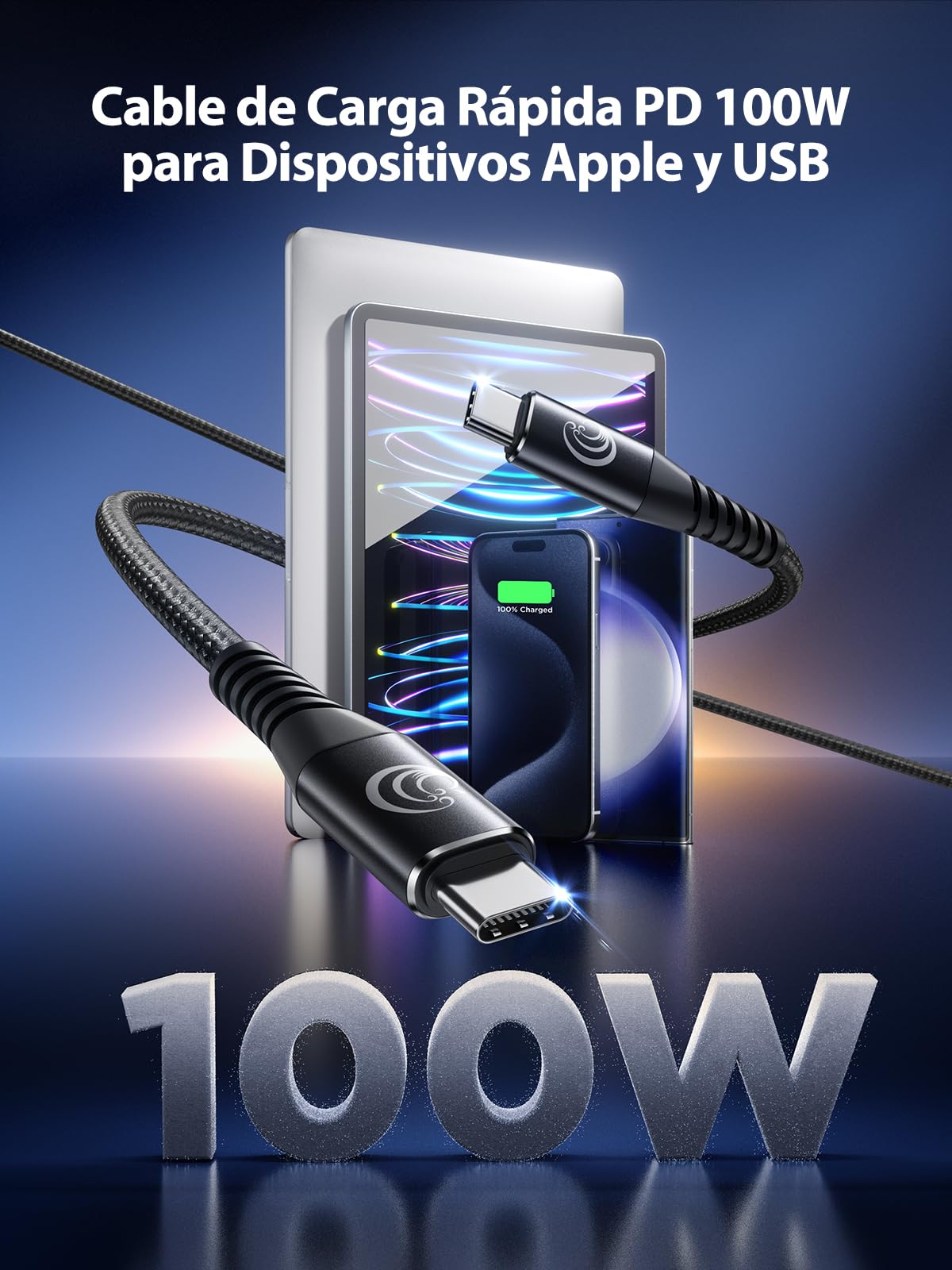 Aioneus Cable USB C a USB C 100W, 3M Cable USB C Carga Rápida PD 5A USBC Cable Trenzado Nylon Largo Cable Cargador Tipo C para iPhone 17 16 15 Pro Max, Samsung S25 S24 Ultra, iPad Pro, MacBook, Pixel