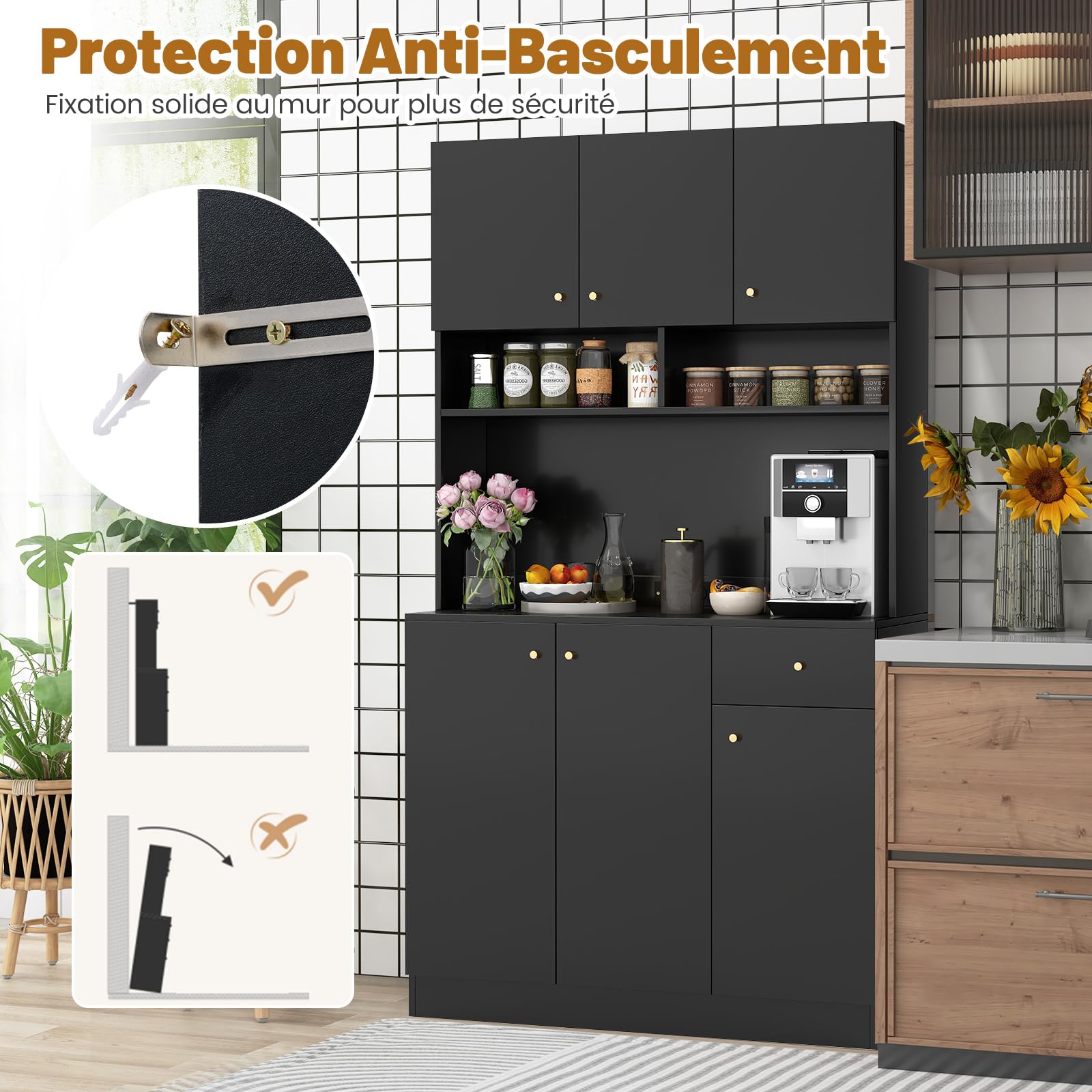 COSTWAY Buffet de Cuisine, Meuble de Cuisine avec Prises, 4 Placards, Grand Tiroir, Station de Recharge, Vaisselier, Armoire pour Salon, Salle à Manger, 100x40x181CM(Noir)