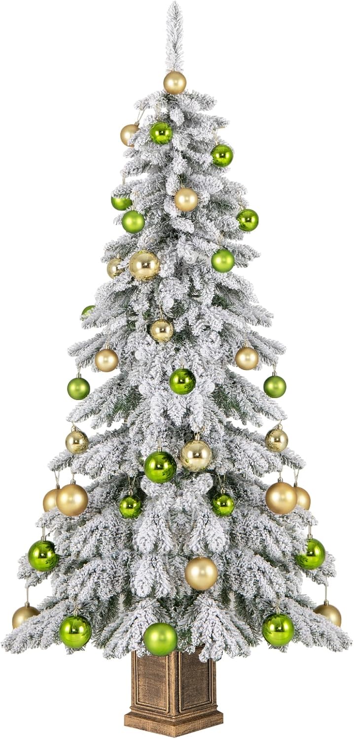 HAPPYGRILL 6 FT Snow Flocked Christmas Tree, Artificial Potted Hinged Xmas Tree with 589 Flocked Branch Tips, 48 Balls, Vintage Cement-Filled Flowerpot & Gloves for Front Door Porch Home Holiday Decor