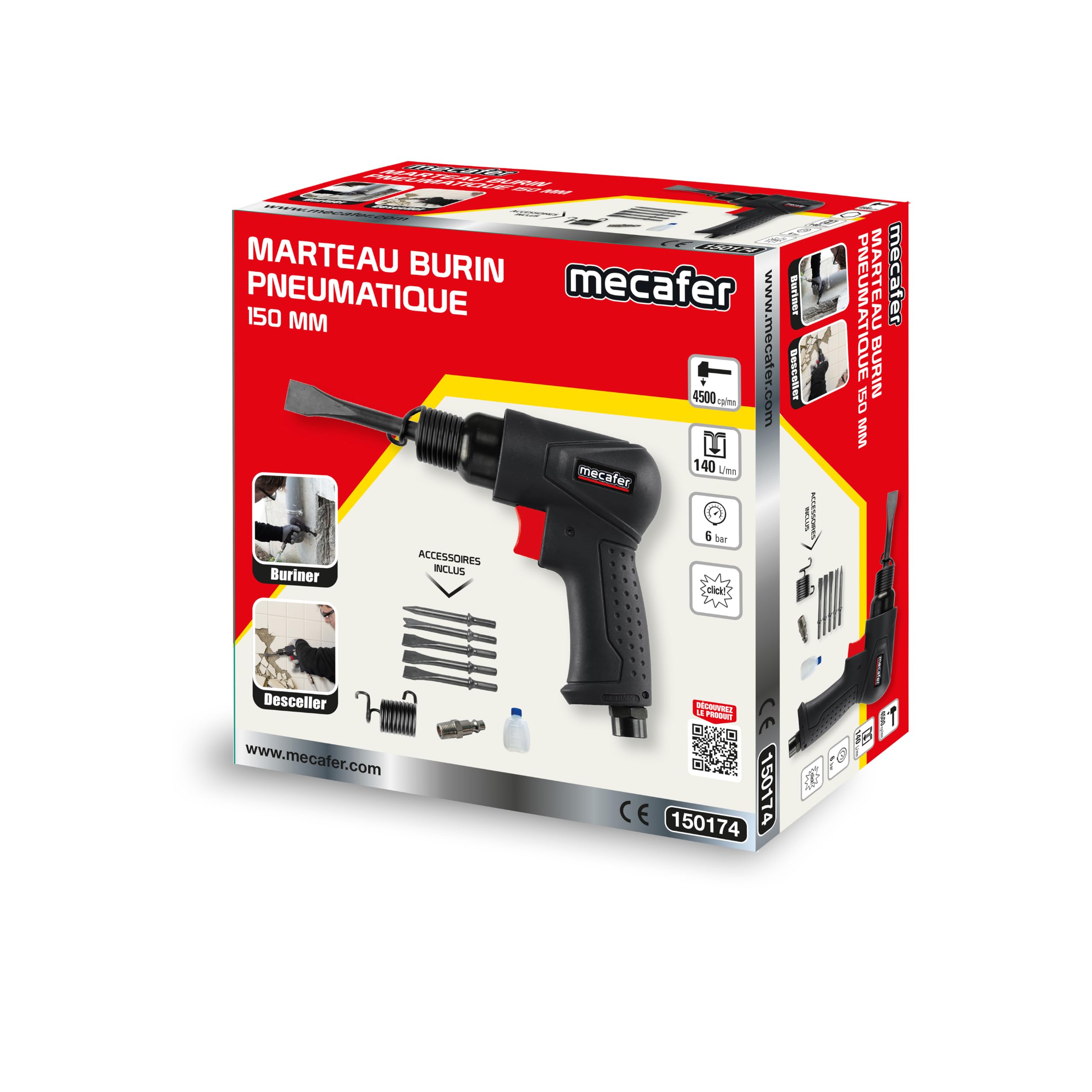 Mecafer Marteau burineur pneumatique avec kit 5 burins hexagonaux 150 mm + 2 ressorts - 150174