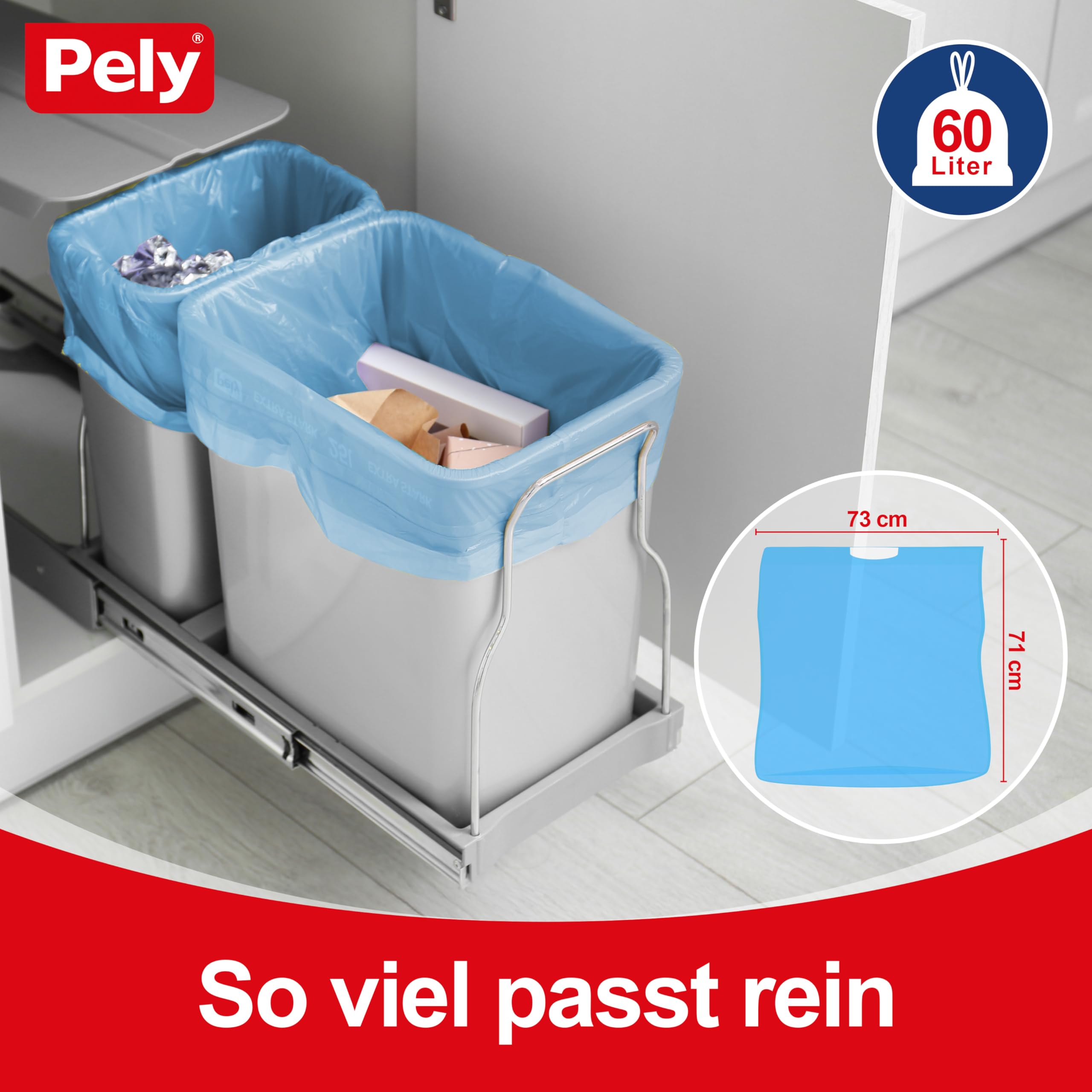 Pely Bolsas de basura de 60 litros (60 litros extra ancha), paquete de 17 x 11 unidades en cartón, para la eliminación de residuos residuales