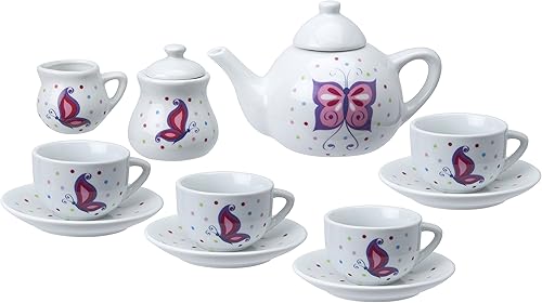 Miniatura 3 de Alex Chasing Butterflies - Juego de té de cerámica para niños, 13 piezas, incluye 4 tazas de té, 4 platillos, tetera con tapa, azucarero con tapa y