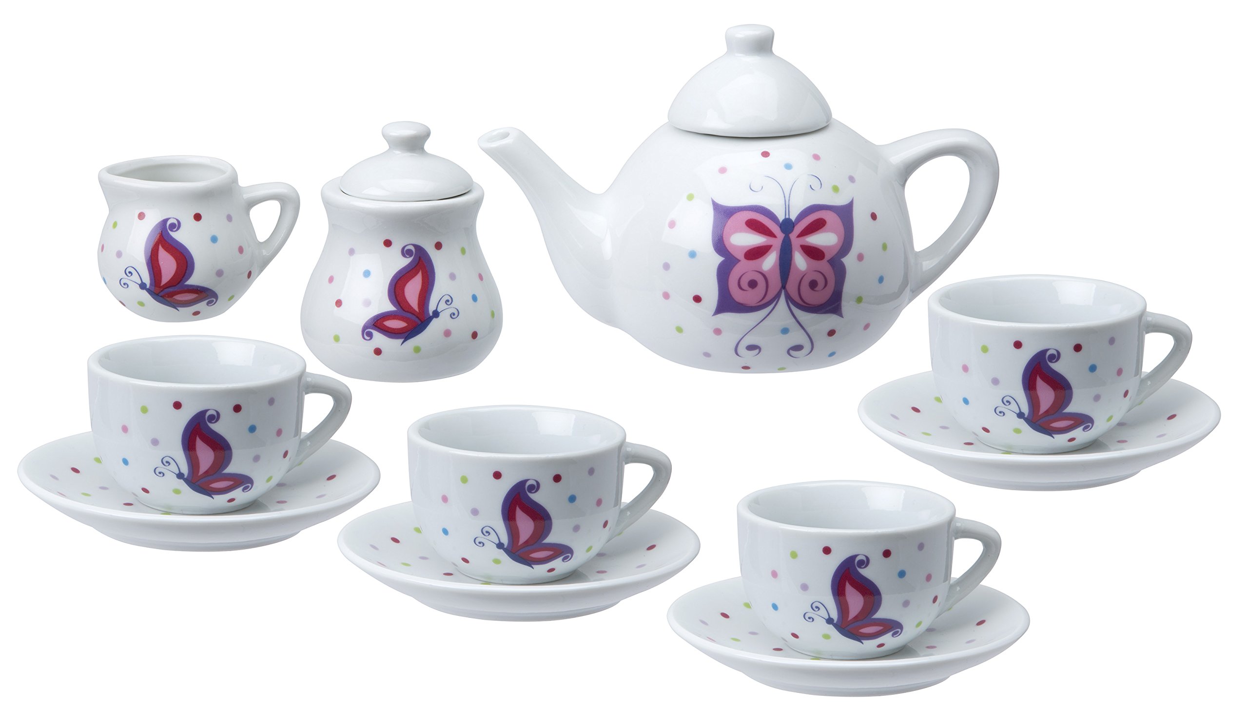 Alex Chasing Butterflies Ceramic Kids Tea Set, 13 Piece,Includes 4 teacups, 4 saucers, tea pot with lid, sugar bowl with lid and creamer - Image 3