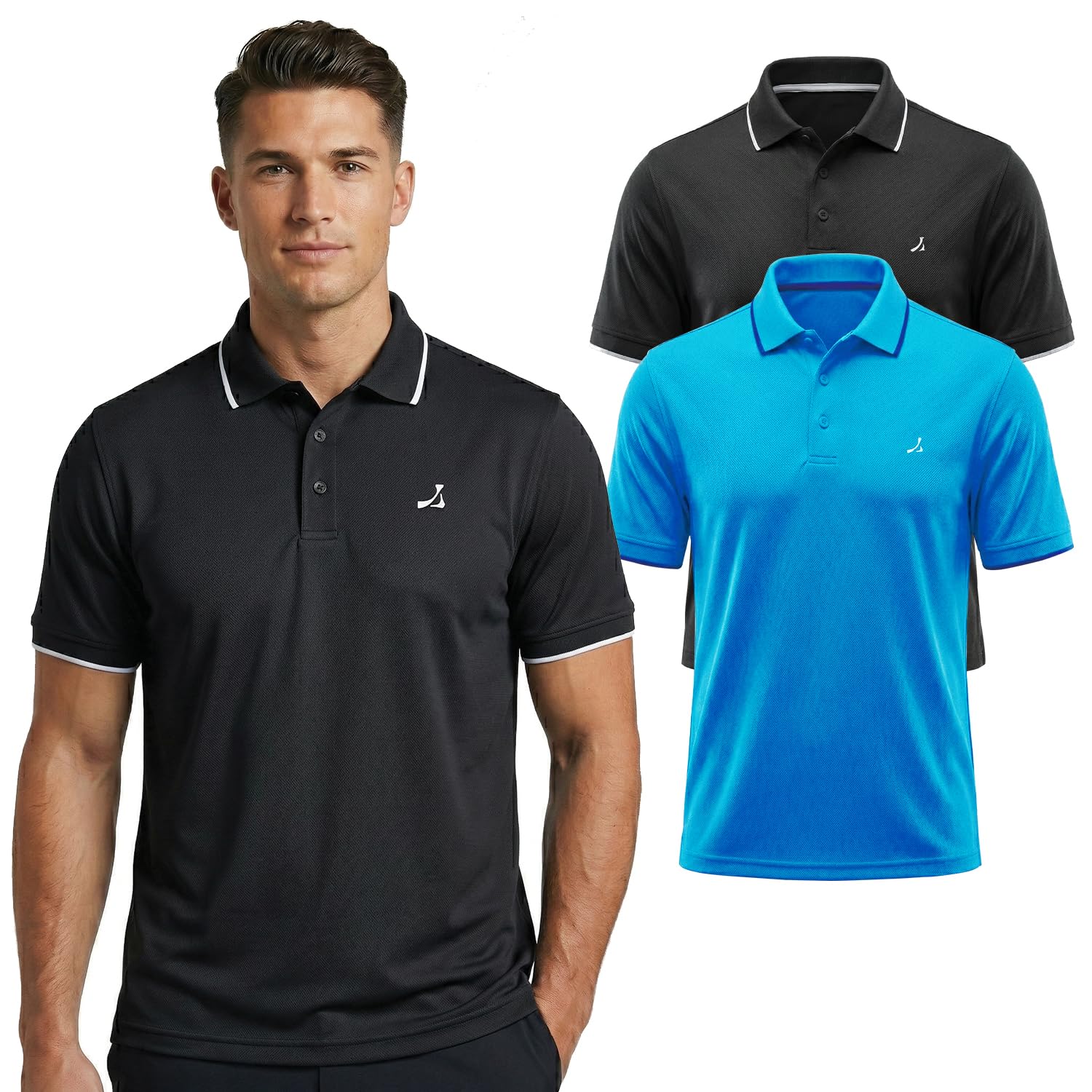 Under Par 2 pack Men's Golf Polo Shirt with Stretch Breathable Fabric UV Protection Moisture Wicking Quick-Dry Short Sleeve Sports T-Shirt for Adult Running and Gym (pack of 2), Black & Turquoise, L