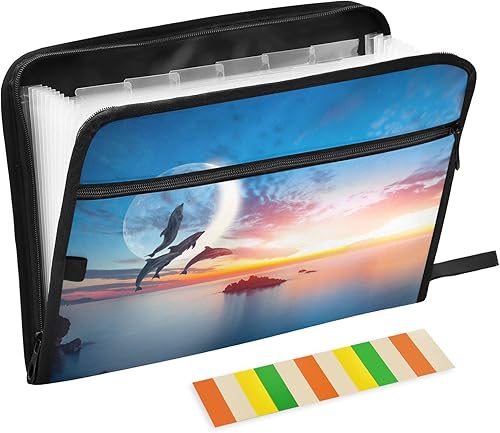 Dolphins Expanding File Folder for Documents A4 Letter Size Accordion File Organizer with Tabs 13 Pockets for Bookbag Home Office Drawer