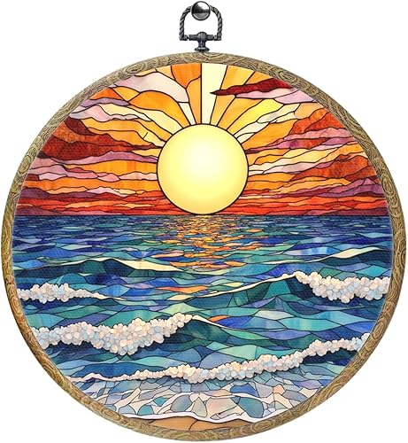 Coloridas olas bohemias en la playa, regalos para los amantes del atardecer, decoración de pared redonda enmarcada, lienzo para colgar en la pared,