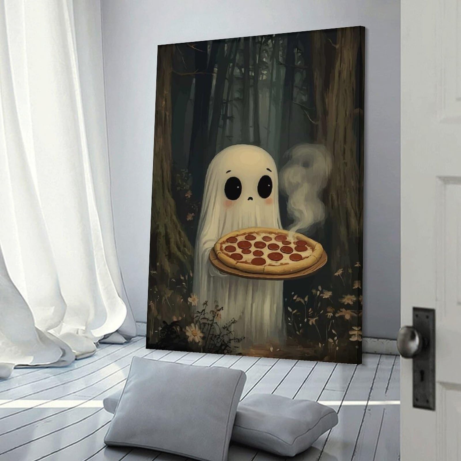 Junmoney Decorative Wall Artwork Cute Ghost with Pizza in Forest, 24x36inch(60x90cm), for New Homes, Bedrooms Or Workspaces, Canvas Artwork with Gifting Potential
