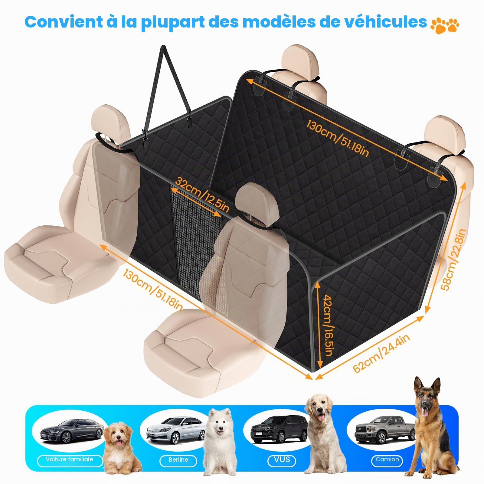 Couvertures de Voiture pour Chiens, pour Banquette arrière de Voiture, Imperméable, avec Protection latérale et fenêtre de visualisation, avec Dessous Dur, Résistante aux Rayures