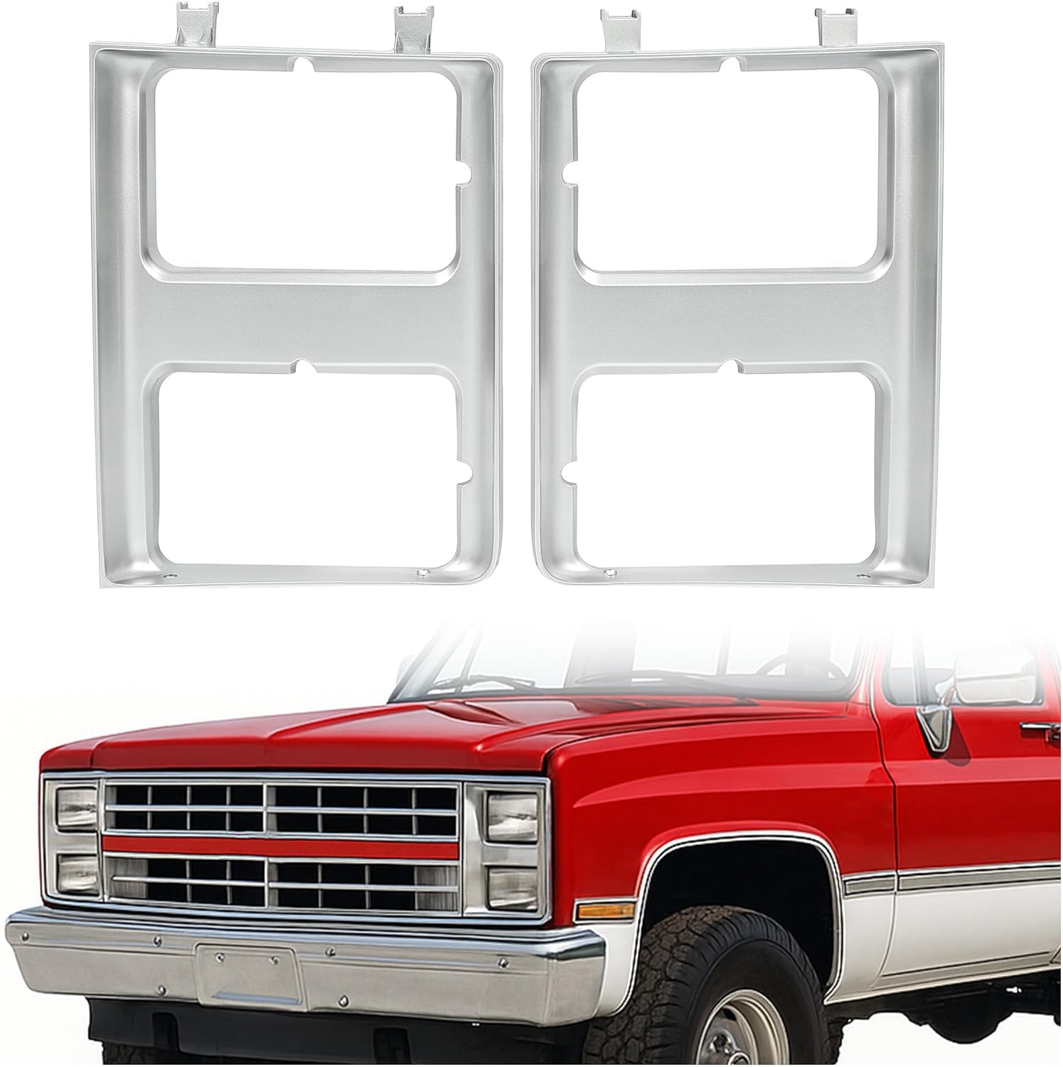 KUAFU Headlight Bezel Compatible with 1985-1988 Chevrolet C10 R10 Suburban Blazer GMC C1500 C2500 Truck Dual Headlight Lamp Covers Bezels Silvery Painted Left & Right Replacement for 15598727 15598728