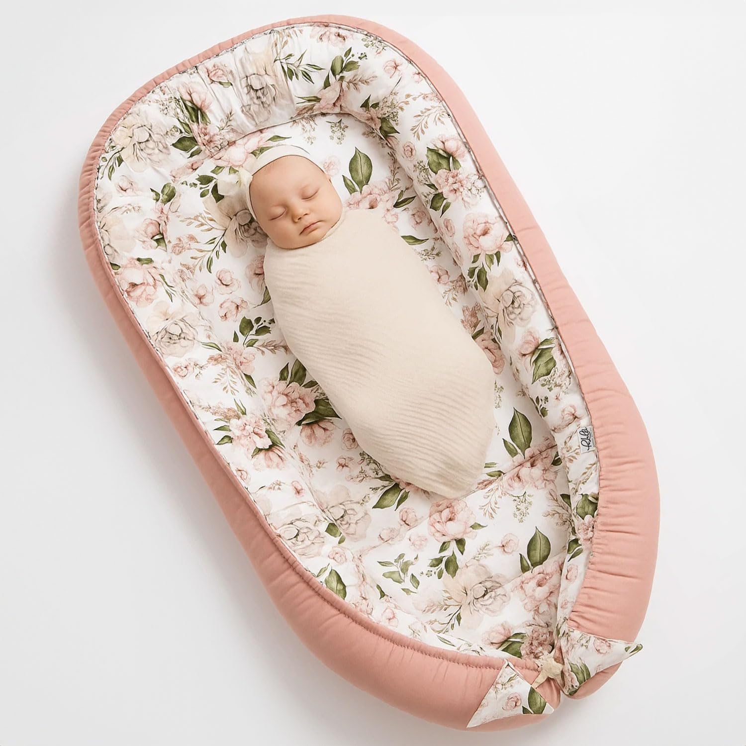 PaLulli 120x60 cm Babynest Babynestchen XXL Babykokon 2seitig 100% Baumwolle Kissen Nestchen für Babybett Reisebett für Baby und Säugling Feathers (Blumen Rosa)