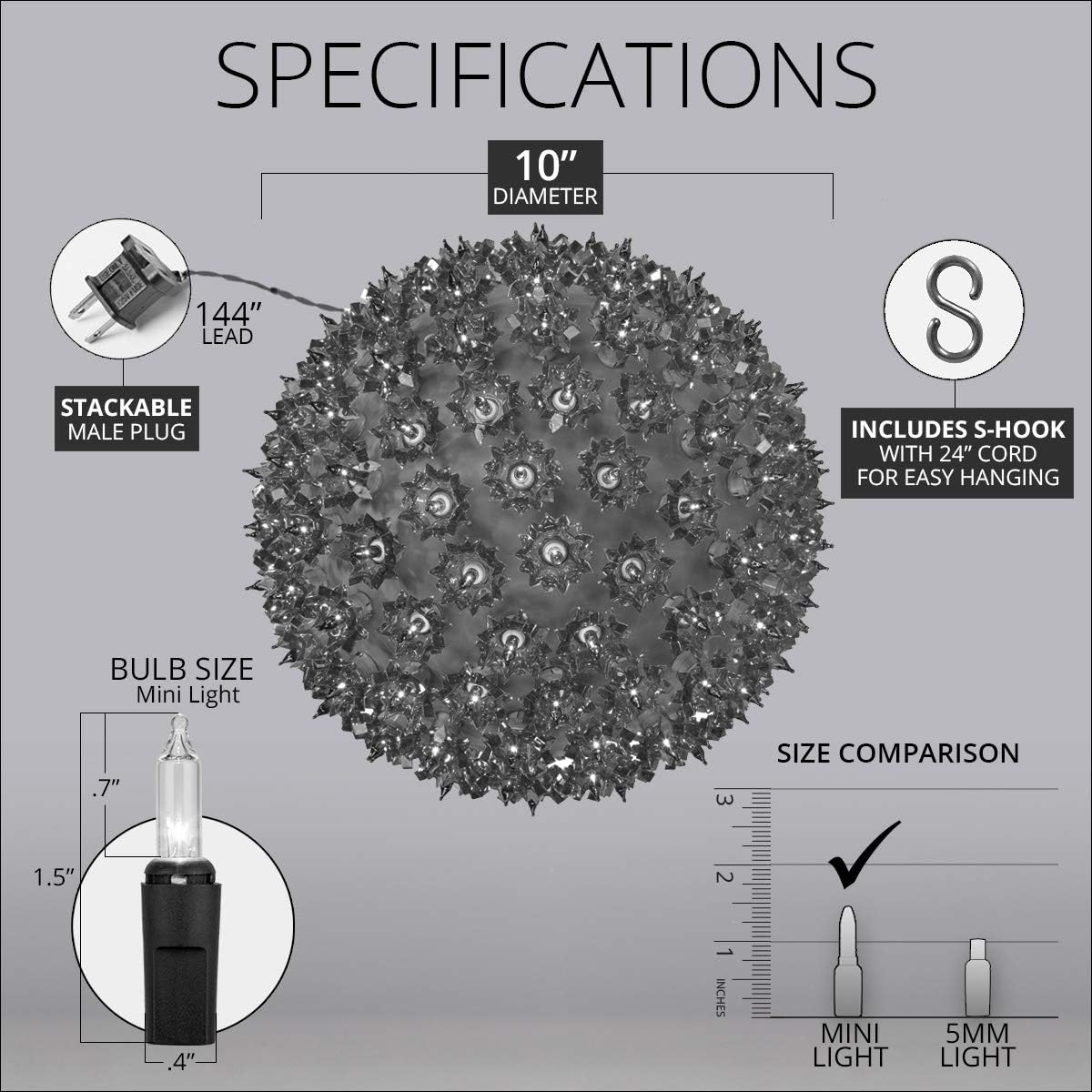 Wintergreen Lighting 10 Inch Clear Starlight Sphere, 150 Lights, Indoor-Outdoor Christmas Hanging Ball Light for Decorations, Party, Weddings, Porches, Patios, with Stackable Plug, S-Hook