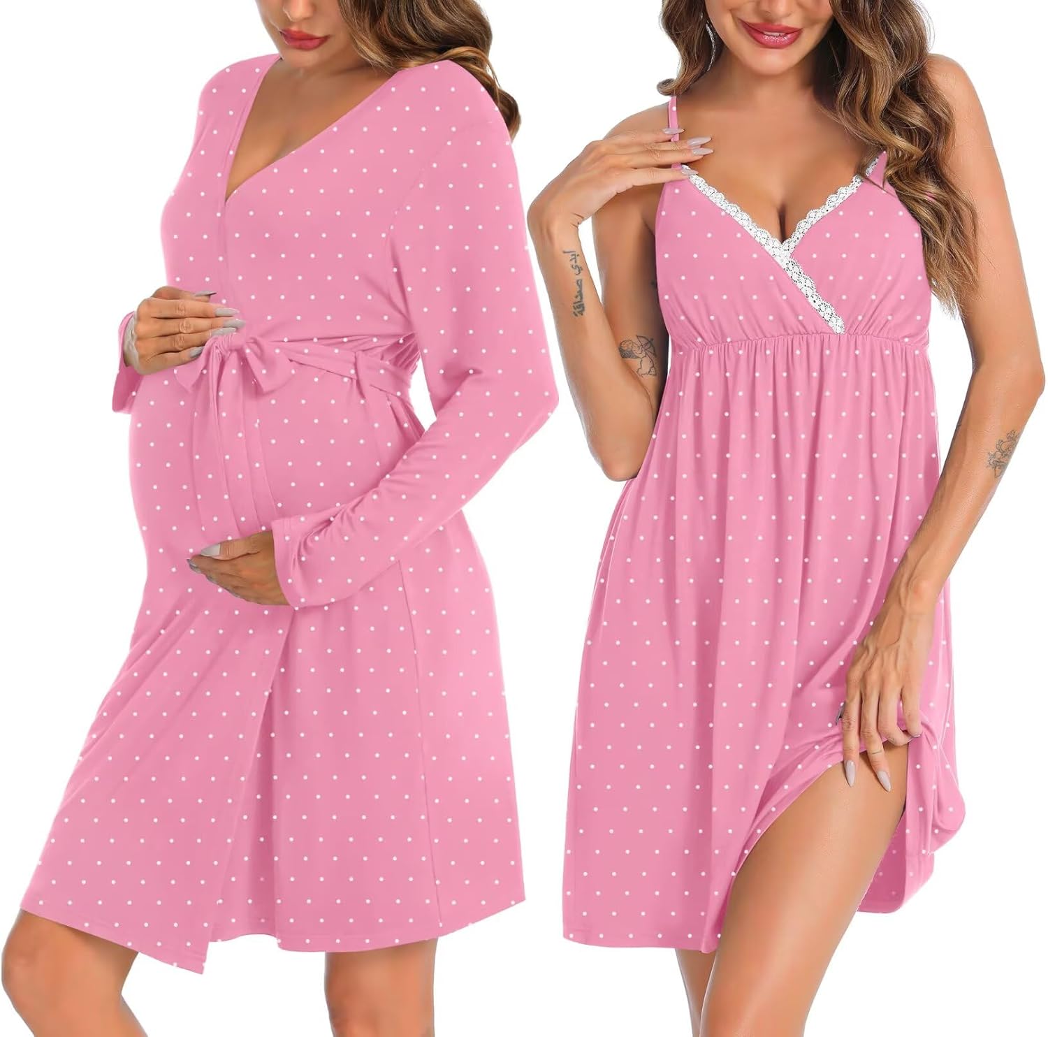 SWOMOG Womens Maternity Robe 2 Piece Nursing Nightgown for Breastfeeding 3 in 1 Labor Delivery Nursing Dress Lace Bathrobe