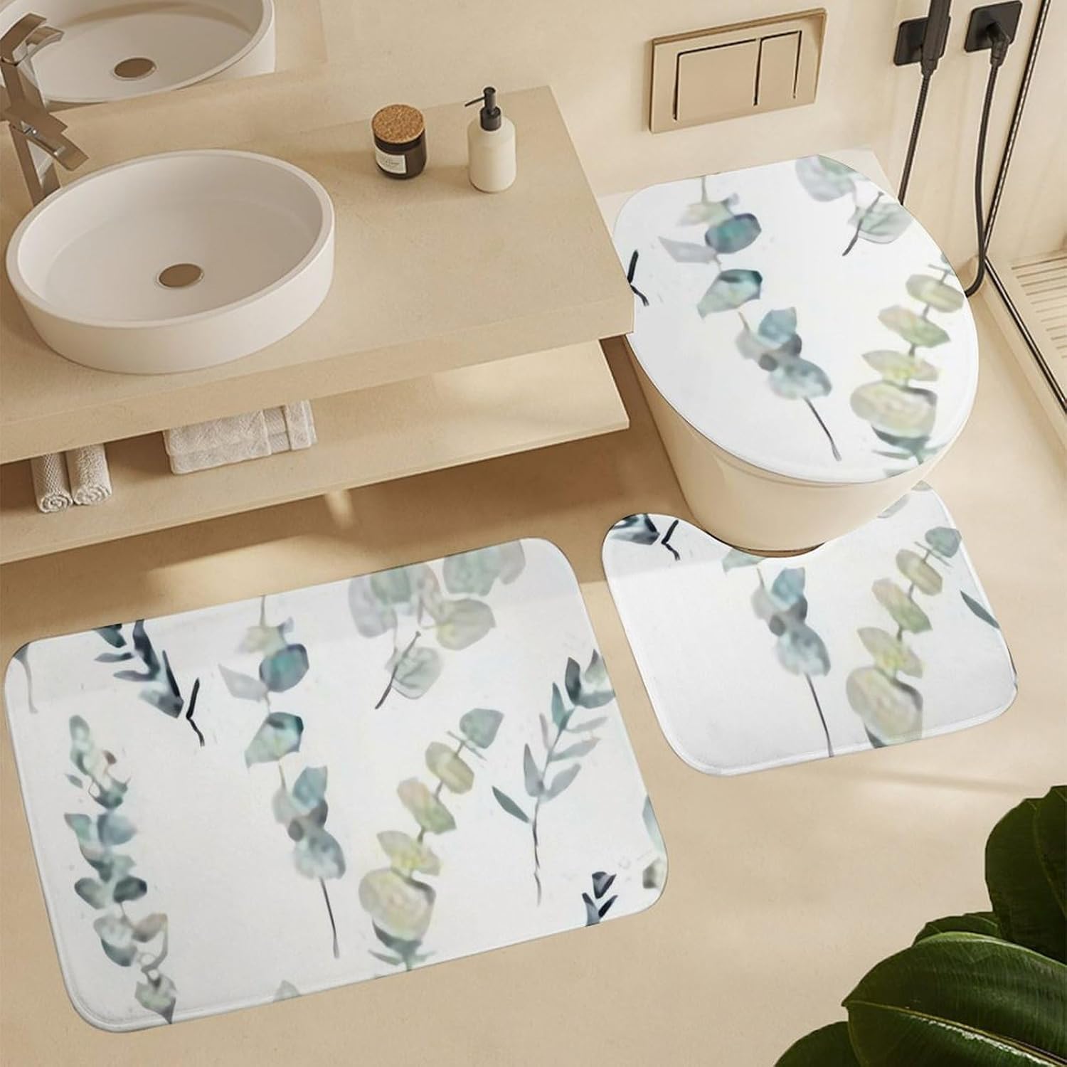 4 Piece Bathroom Rug Set with Shower Curtain, Non-Slip Bath Mat Toilet Cover Set, Eucalyptus Leaves2 Bathroom Rug Sets