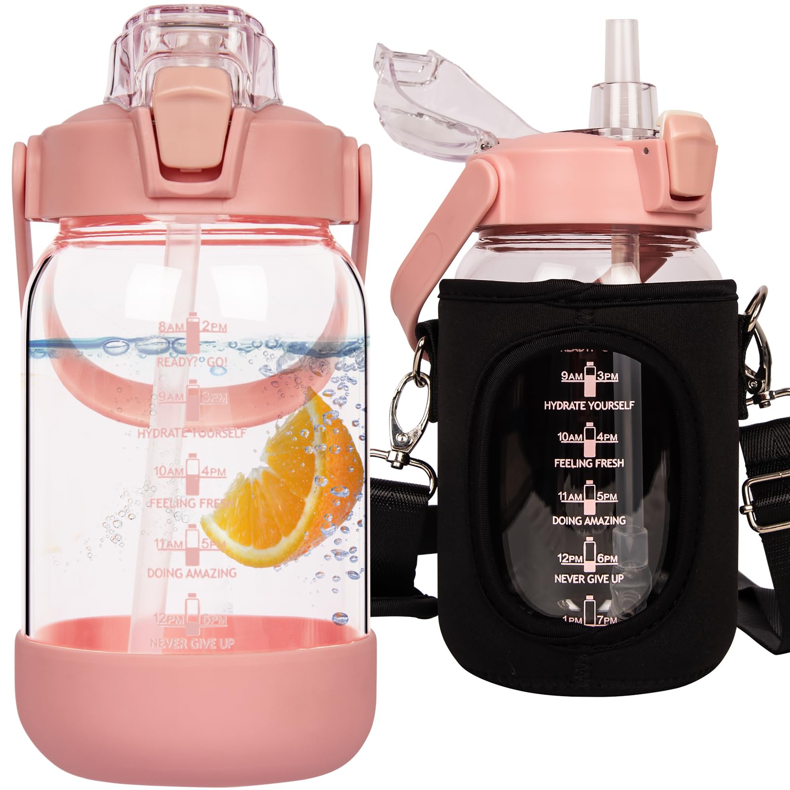 Seekua 1l Glass Water Bottle with Straw & Motivational Time Markings 1 litre Large Leakproof Gym Drinking Bottle