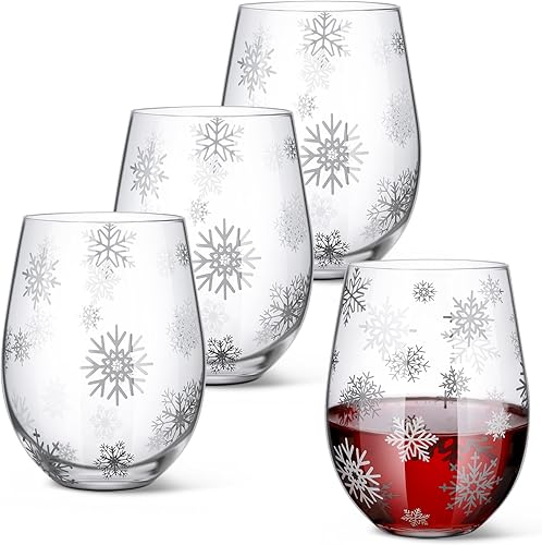 Juego de 4 copas de vino sin tallo de Navidad, decoración de fiesta de Navidad, copas de vino de Navidad, 17 onzas, Papá Noel, elfo, muñeco de
