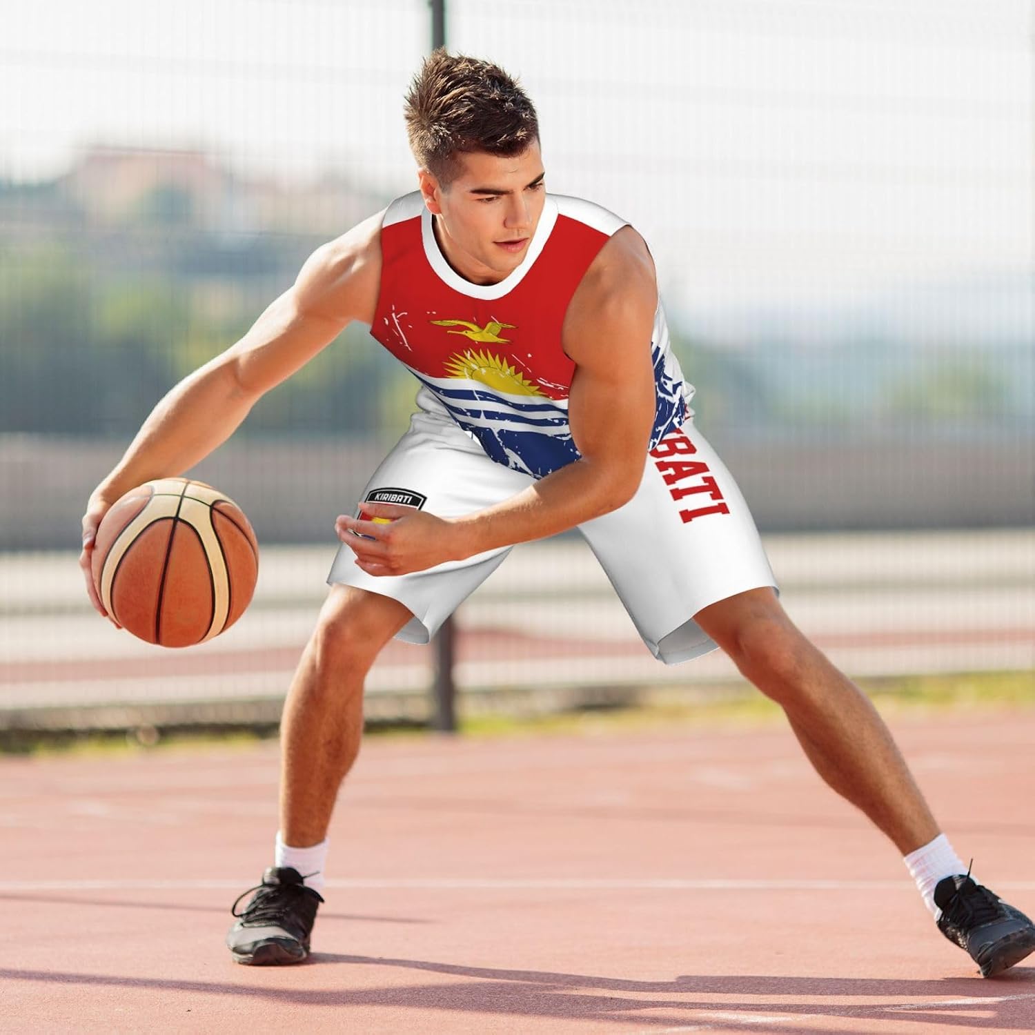 Kiribati Flag Grain (4) Basketball Jersey Uniform Suit for Men Adults Training Athletic Set