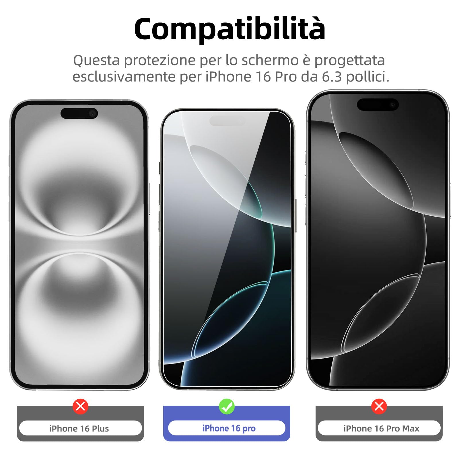 NEW'C 3 Pezzi, Vetro Temperato per iPhone 16 Pro (6,3"), Pellicola Prottetiva, Senza Bolle, Durezza 9H, 0,34mm Ultra Trasparente, Ultra Resistente