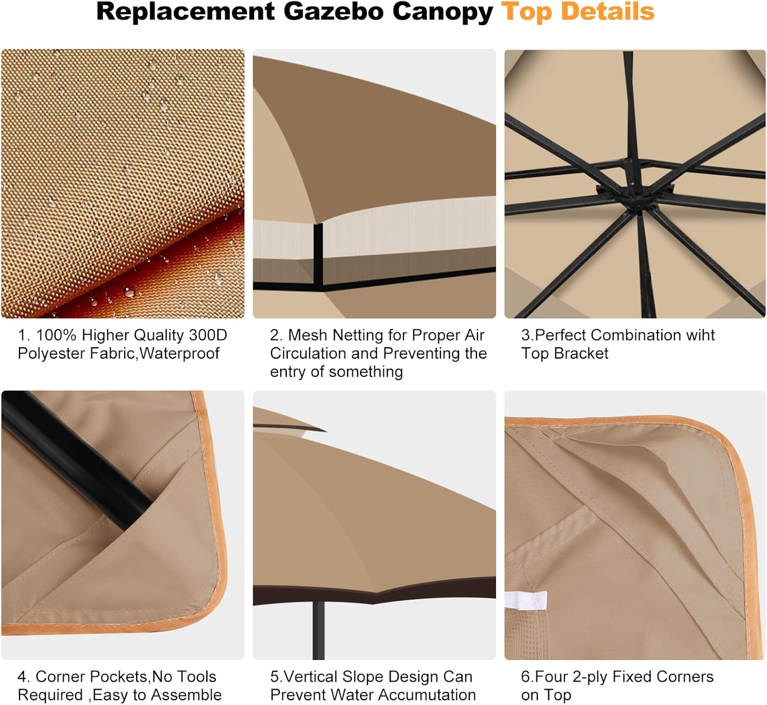 10 x 12 Replacement Gazebo Canopy Top for Lowe's Allen Roth Gazebo Double-Tier Gazebo Roof Cover with Air Vent Heavy Duty Canopy Roof Gazebo Top 10X12 Gazebo Cover for Shop, Garden, Yard (Khaki)