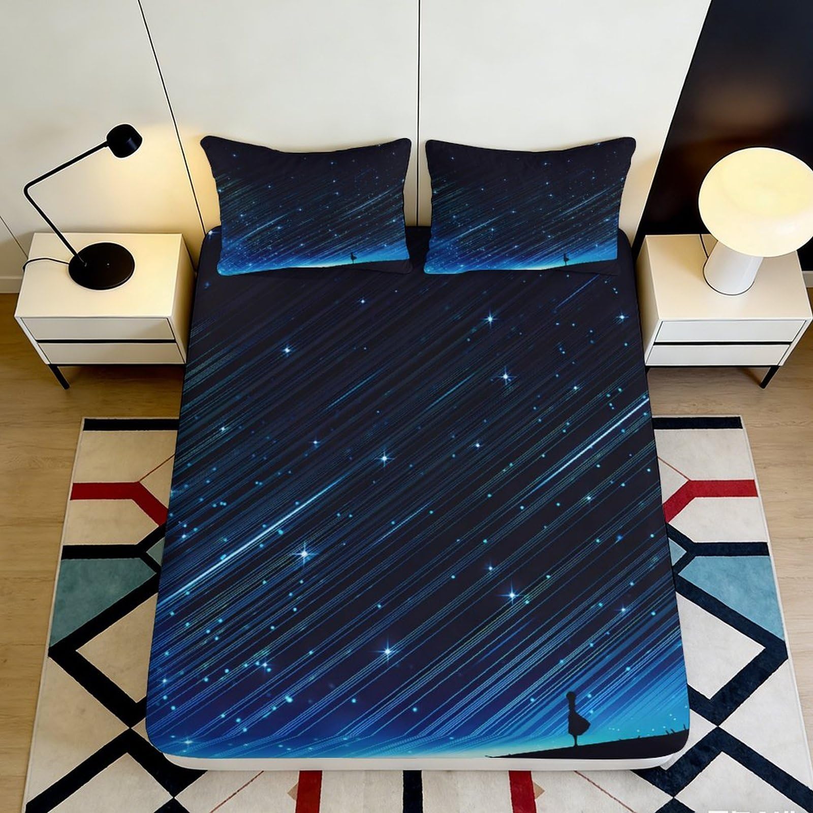3D Printed Galaxy Starry Sky Fitted Sheet Microfiber Blue Bedding Cosmic Nebula Mattress Cover for Bedroom 90x200x25cm