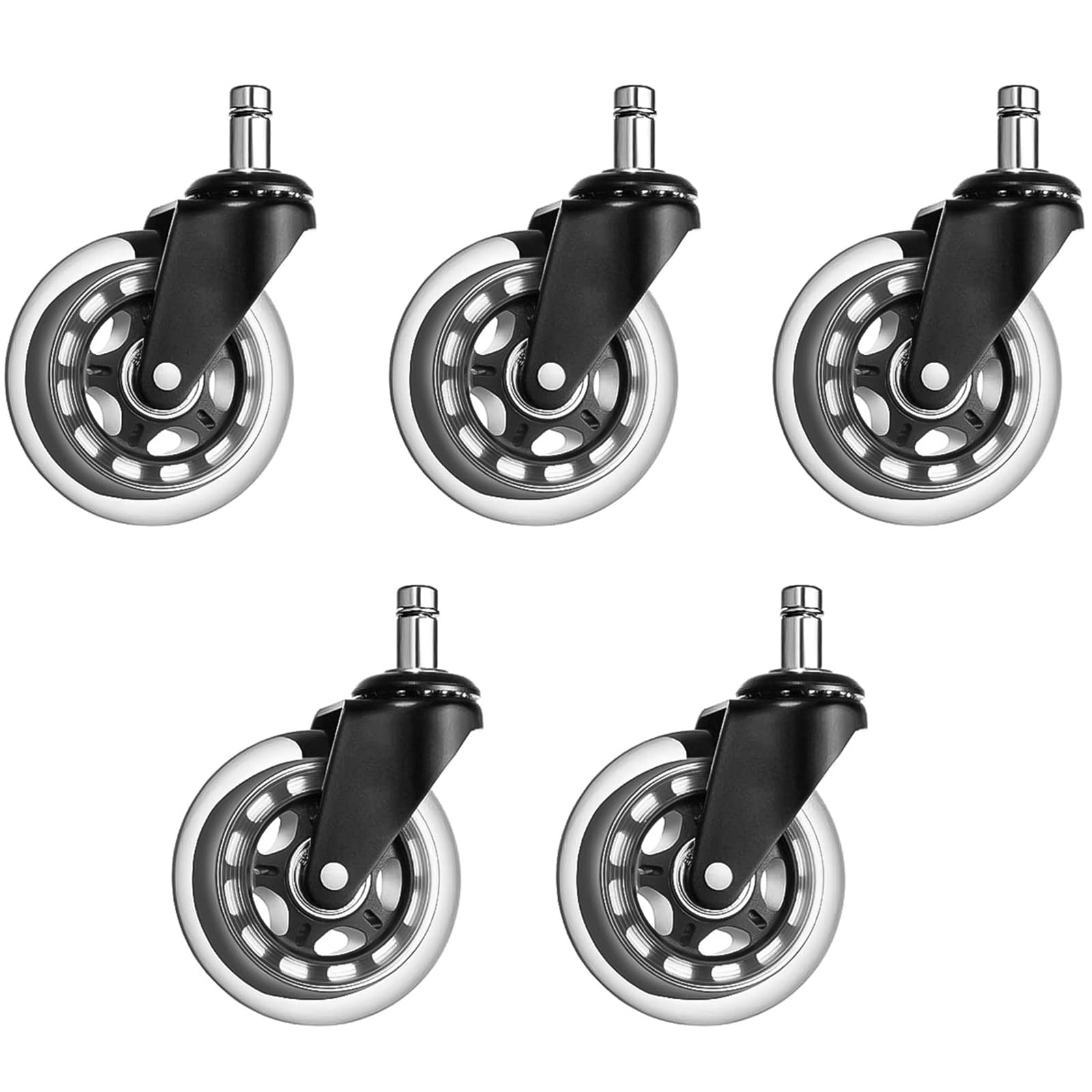 Bürostuhl Rollen, 5er Set Hartbodenrollen Schaftgröße 11-22mm Bürostuhl-Räder Ersatzrollen Gummi Bürostuhlrollen für Teppich und Parkettböden Schwarz