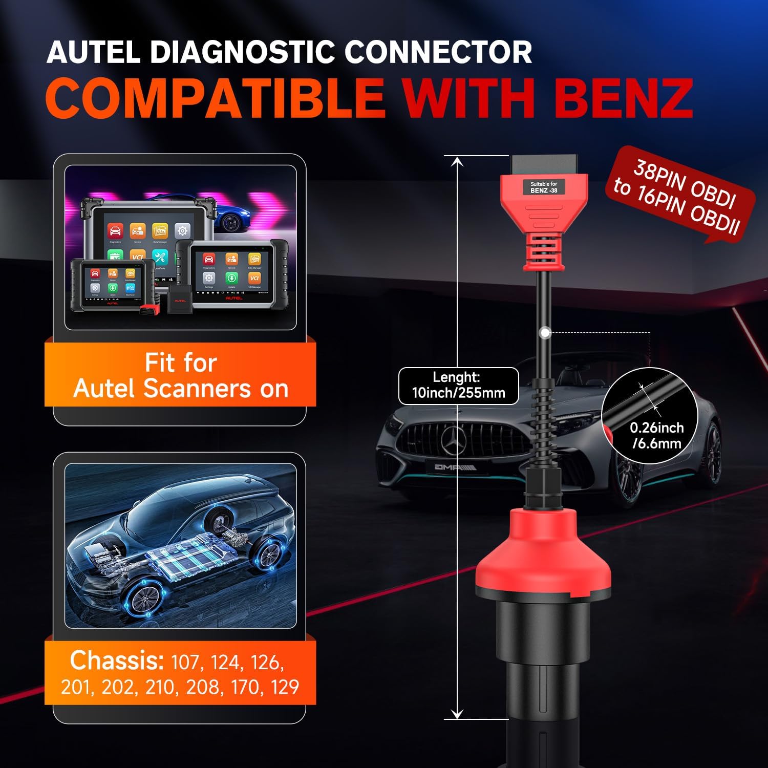 Autel Original BENZ-38 PIN Adapter, 38 Pin Male to 16 Pin Female OBDII Connector Compatible with Mercedes-Benz Pre-2001, Work with OBD2 Diagnostic Scan Tool OBD II Scanner