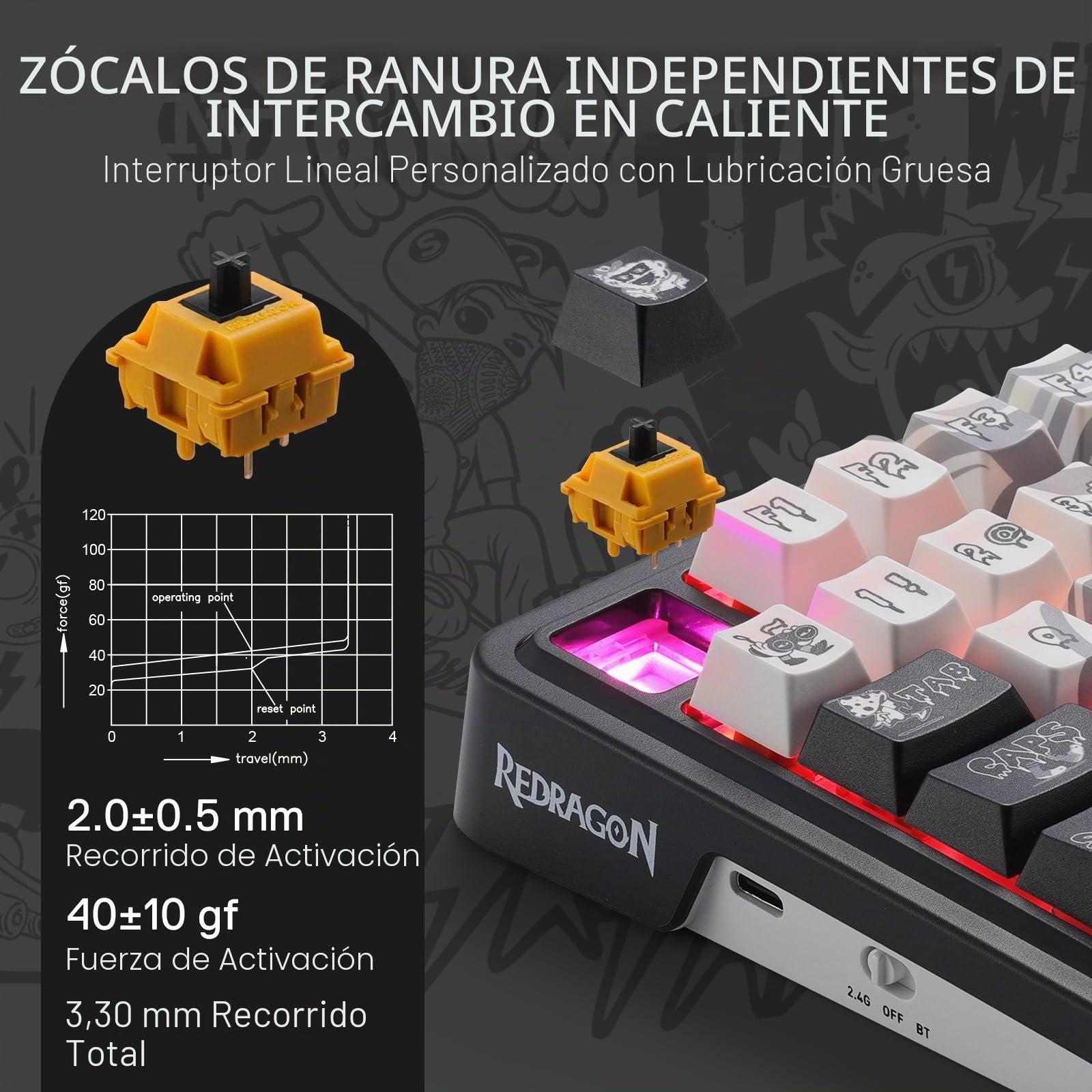 Redragon K719 Pro Teclado Gaming Inalámbrico Pantalla TFT Perilla 95 Teclas | Pantalla TFT 1.14 Pulgadas Fácil Control Amortiguación Ruido Mecánico Gasket Conexión Estable