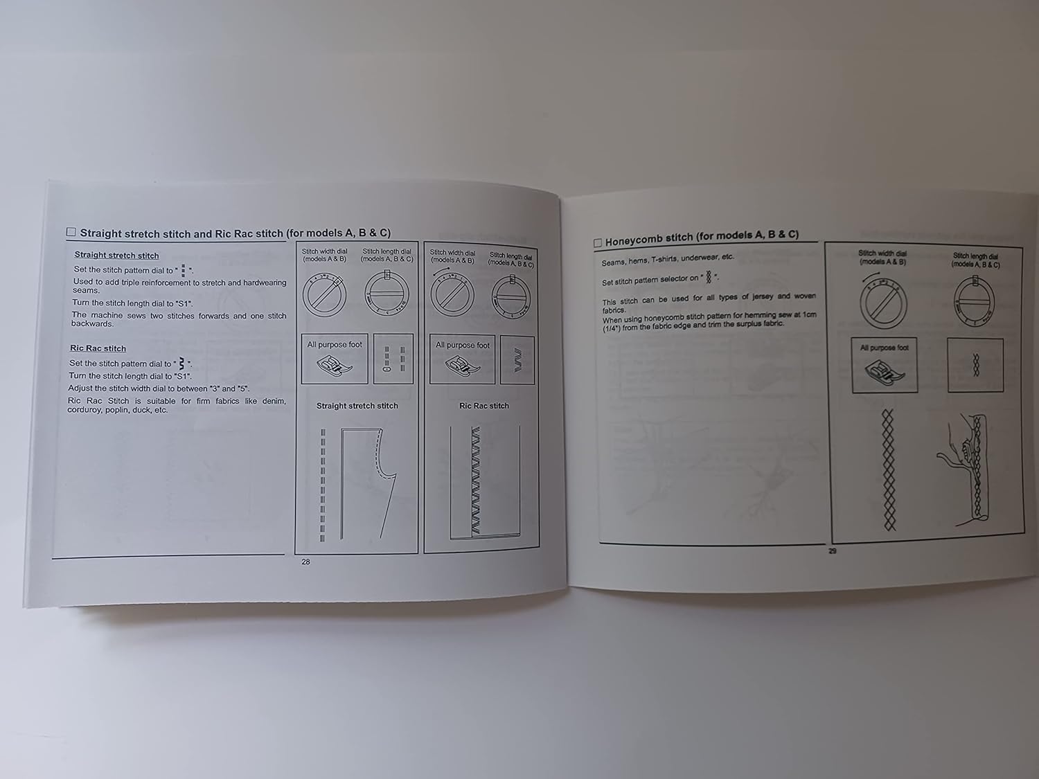 Singer 1120 manual page showing diagrams and instructions for straight stitch, Ric Rac stitch, and Honeycomb stitch.