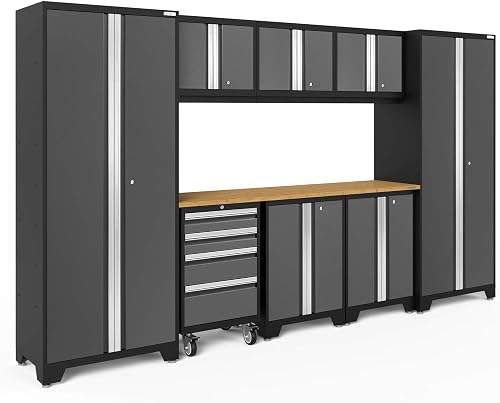 NewAge Bold 3.0 9-Piece Garage Cabinet Set - Heavy-Duty Steel with Bamboo Worktop & Lockable Storage