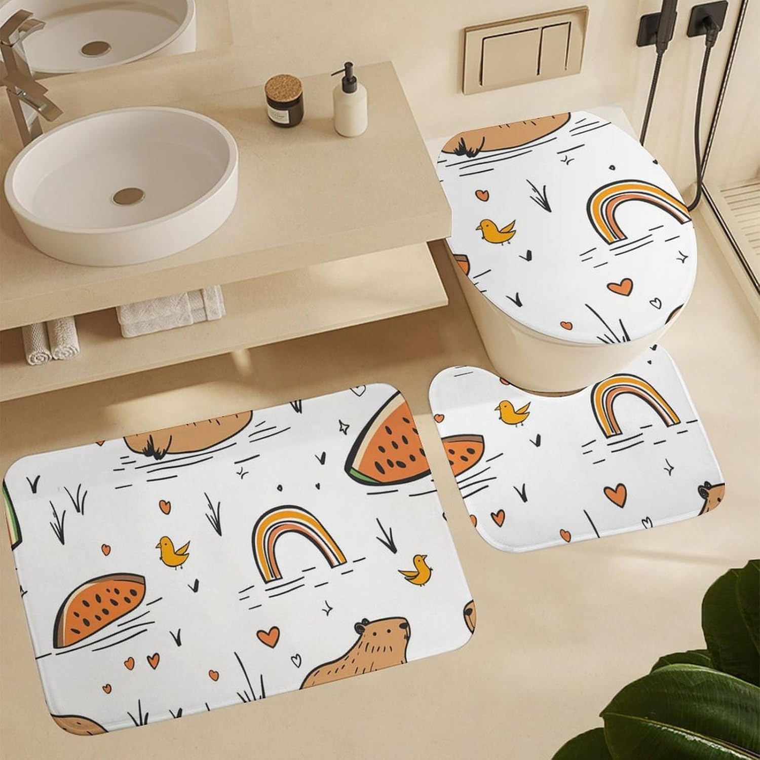 Capybara Rainbow Watermelon Bird Bathroom Sets with Shower Curtain and Rugs 4 Piece with U-Shaped Floor Mat Toilet Lid Cover
