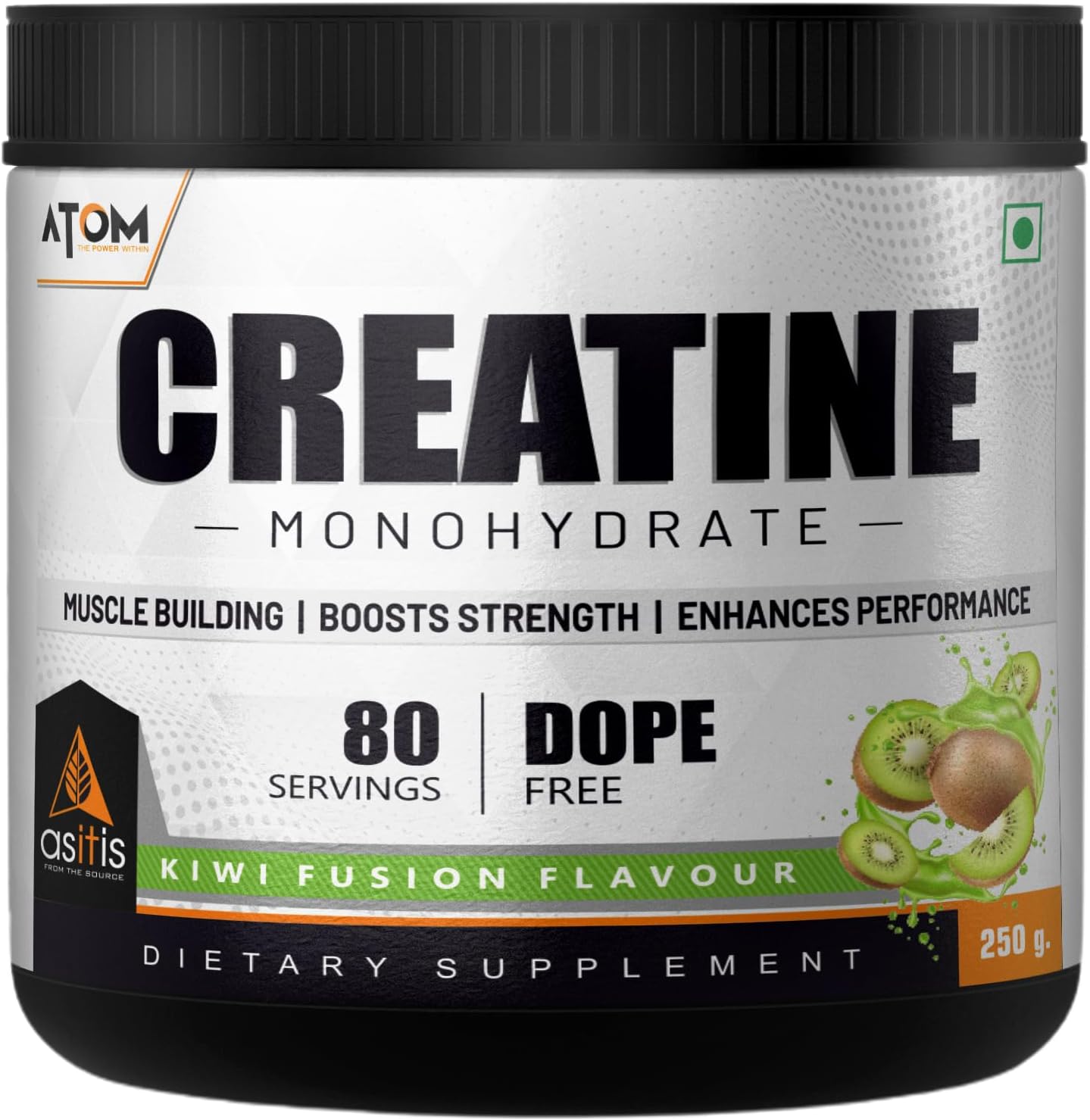 AS-IT-IS ATOM Creatine Monohydrate 250g - 80 Servings | Dope Free | Enhances Performance | Promotes Muscle Gains | Kiwi Fusion Flavour