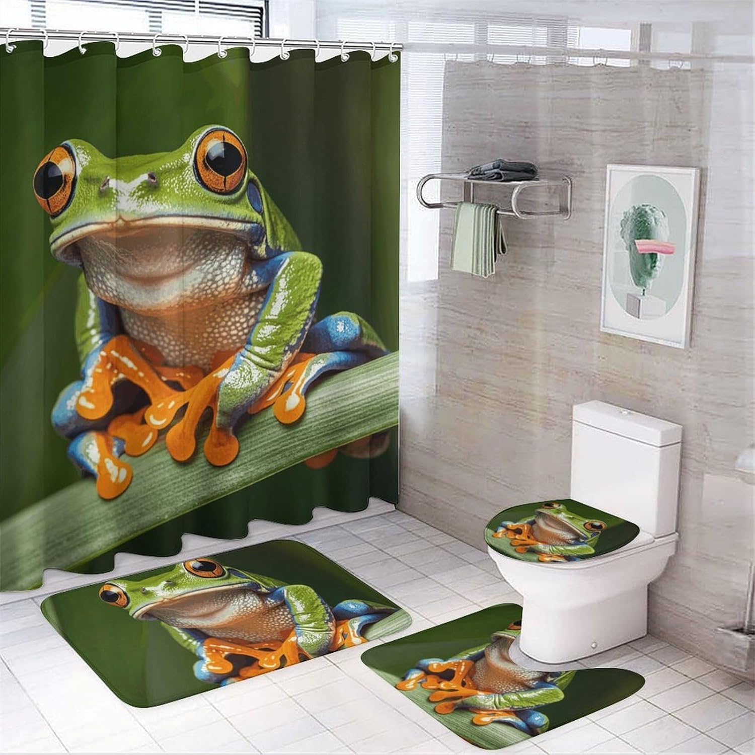 Peace Tree Frog Shower Curtain Set 4 Piece, Non-Slip Bath Mat with Toilet Lid Cover and Waterproof Shower Curtain with 12 Hooks, Complete Bathroom Set for Home Decor