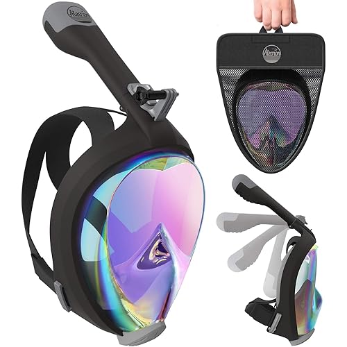 Aleoron - Foldable Full Face Snorkel Mask for Adults and Youth (Women & Men) - Anti Fog Snorkeling Mask Full Face with Action Camera Mount - UV Panoramic 180 Dive Mask Seaview Diving Mask Set