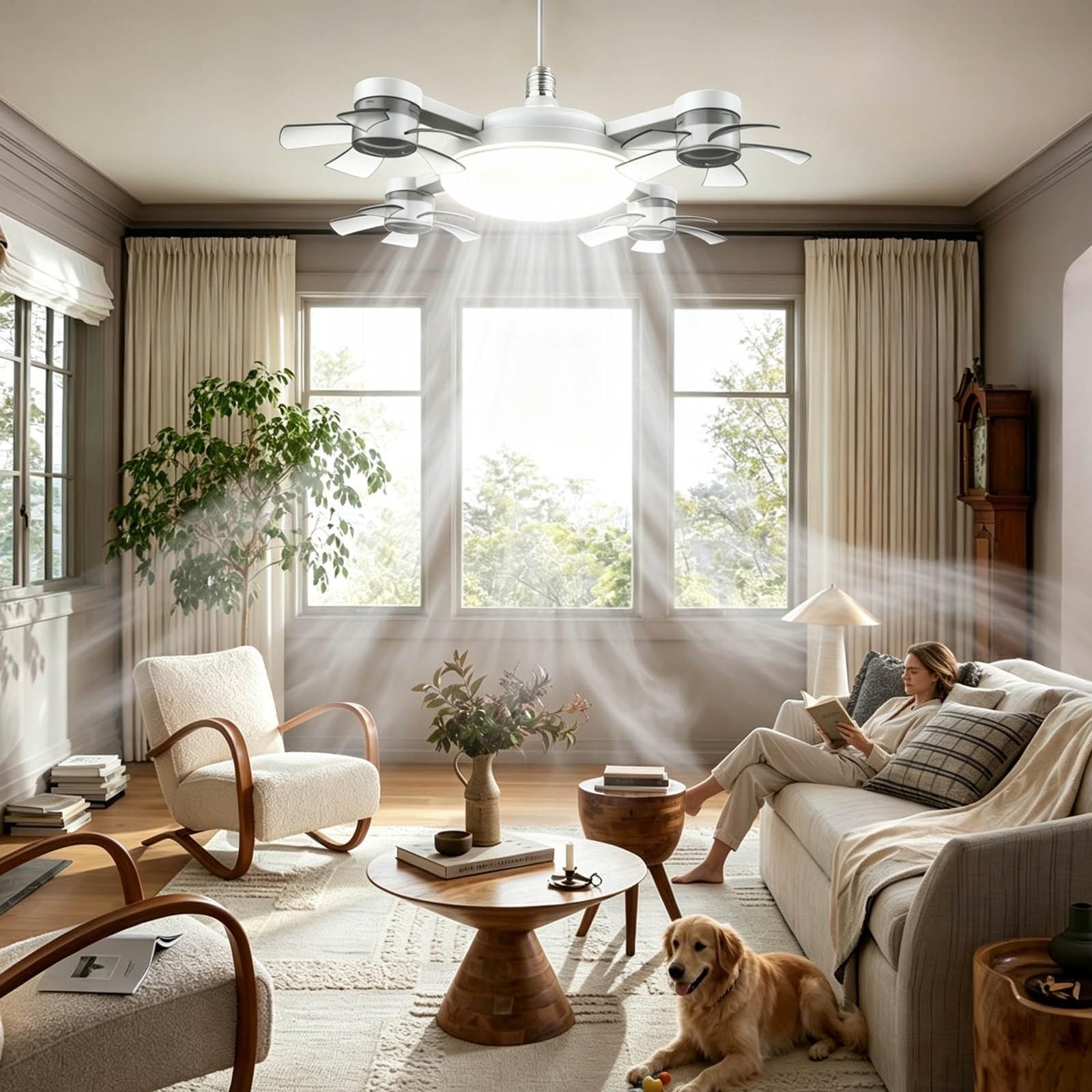 Ceiling Fan with Lights and Remote Control, 4 Heads Drone Ceiling Fans, 3-Color 3-Speed Quiet Ceiling Fan Light for Bedroom, Kitchen, Bathroom, Living Room (White_B)