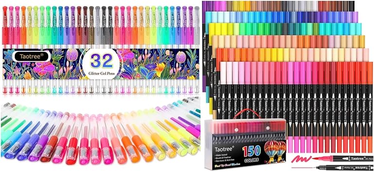 Taotree 150 Colors Dual Tip Art Markers & 32 Color Glitter Gel Pens Bundles