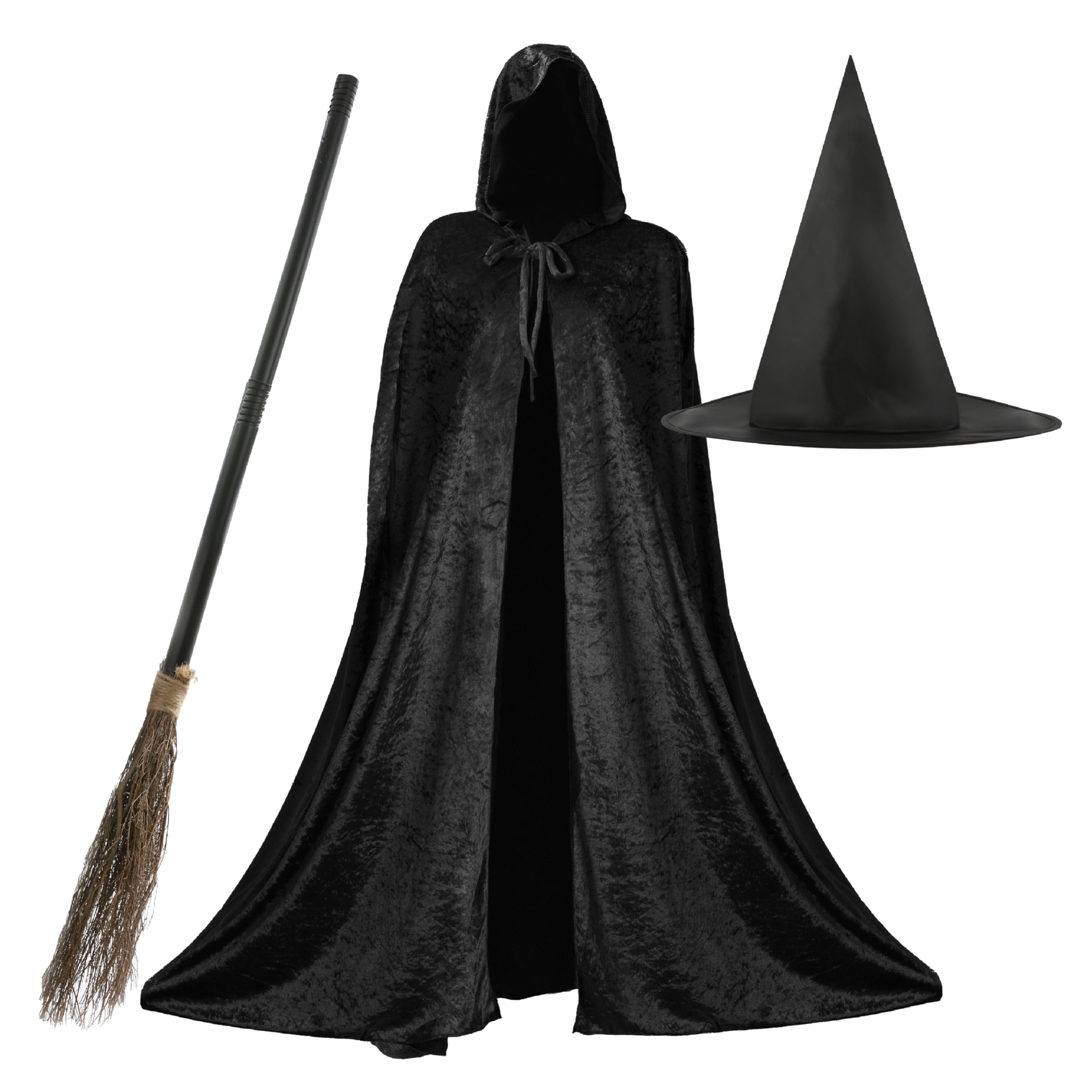 Costume Da Strega Per Bambini In 3 Pezzi: Mantello Velluto Nero, Cappello A Punta E Scopa – Taglia Unica, Perfetto Per Halloween
