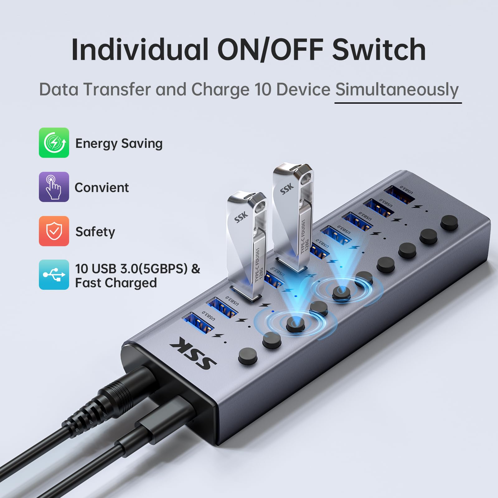 SSK Hub USB 3.0 alimentato a 10porte, splitter di estensione USB in alluminio con interruttori e LED individuali, hub di ricarica USB a 5 Gbps di dati con adattatore DC12V5A e cavo da 3,93 piedi