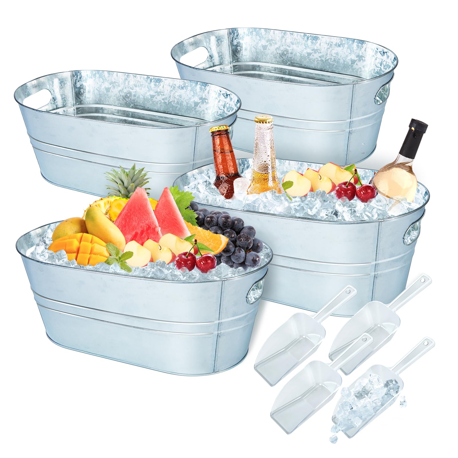 4 Pack Galvanized Metal Ice Buckets, 3 Gallon Ice Buckets for Parties Wine Beverage Tub with Carry Handle for Home/Bar Beer Champagne Cocktails Cooling Supplies
