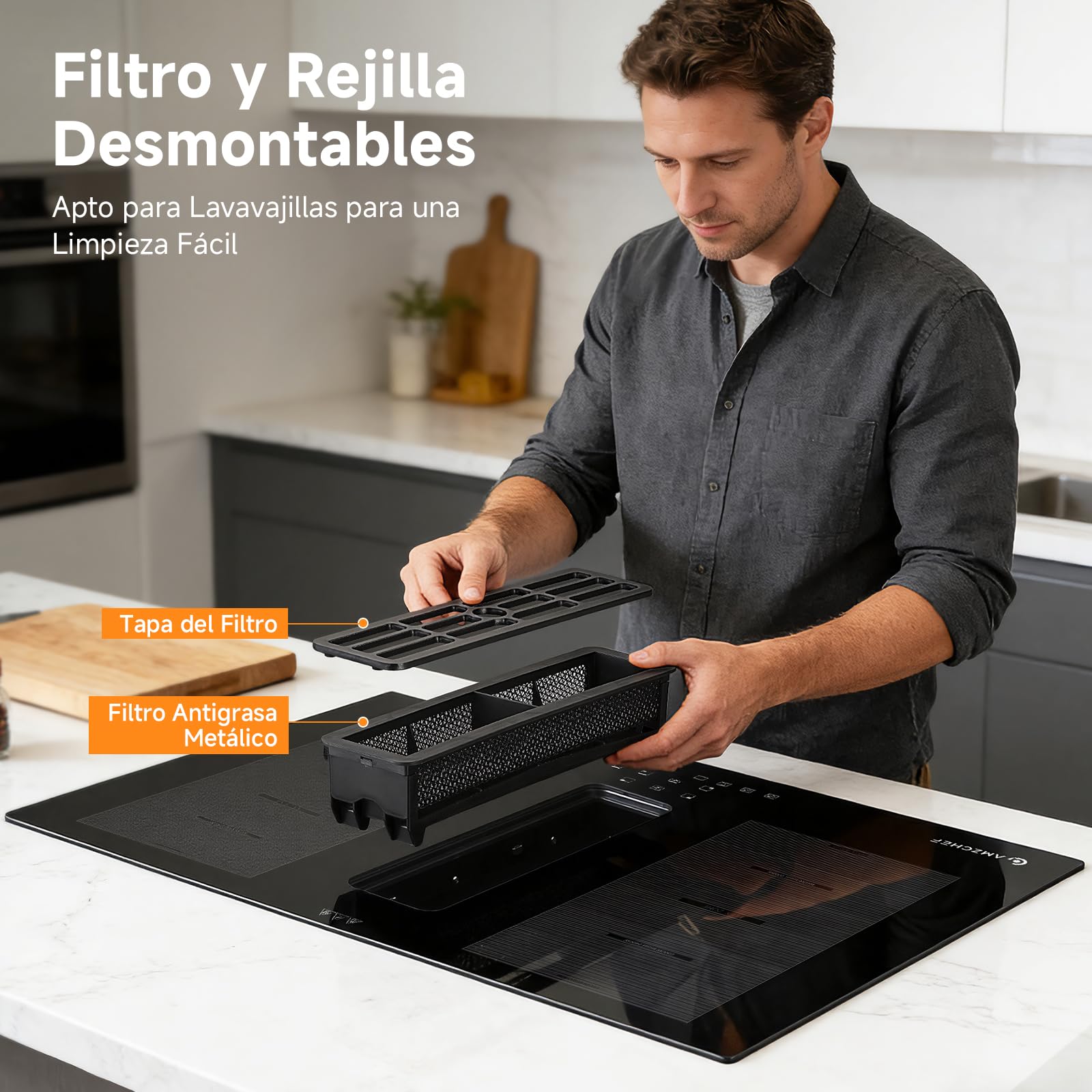 AMZCHEF Placa Inducción con Extractor Integrado, 7200W Placa Induccion 4 Zonas, 650m³/h Ventilación Automática Hob2Hood, 9 Niveles de Potencia, Temporizador & Bloqueo Infantil, Boost & Zona Flexible