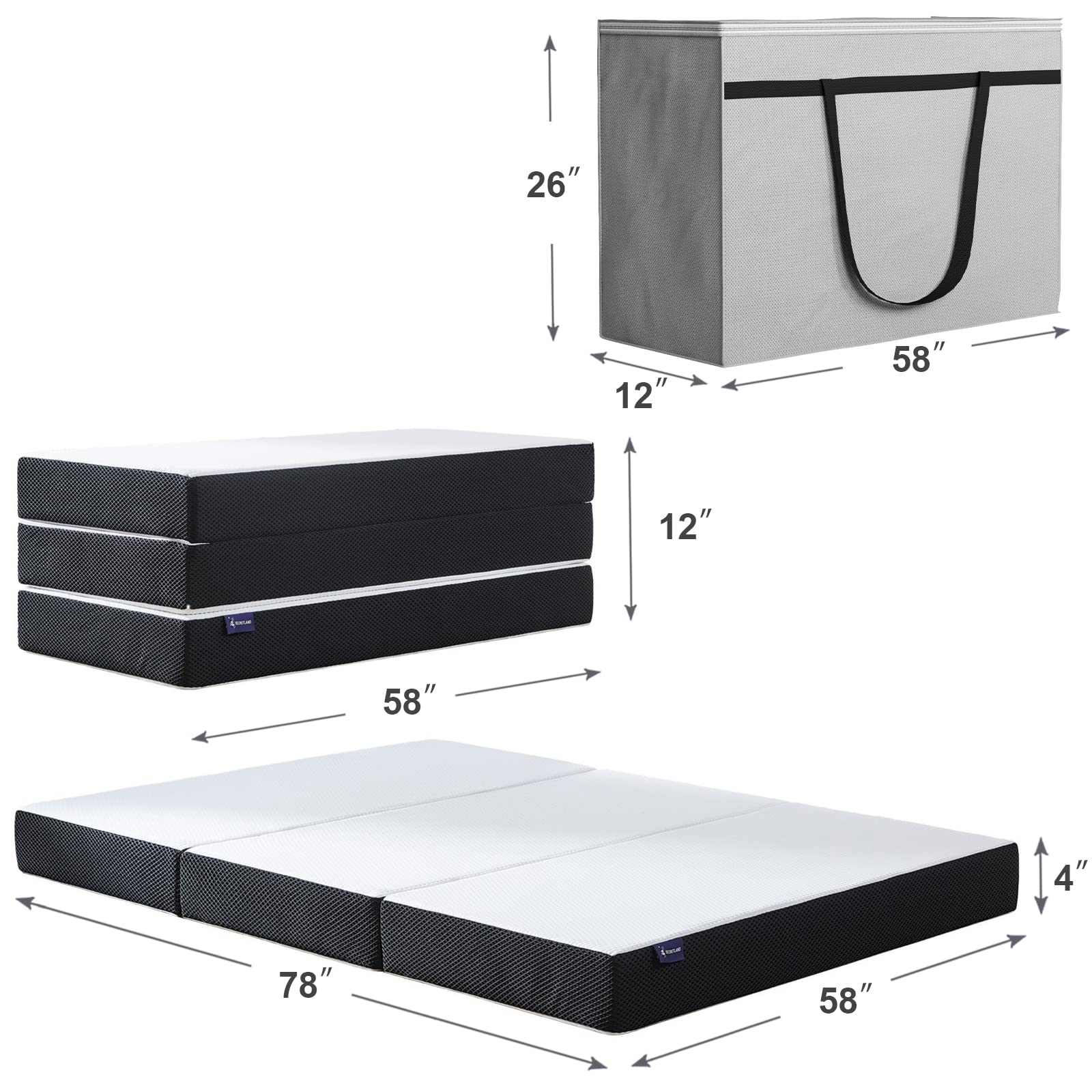 S SECRETLAND Folding Mattress with Carry Case, 4 inch Trifold Memory