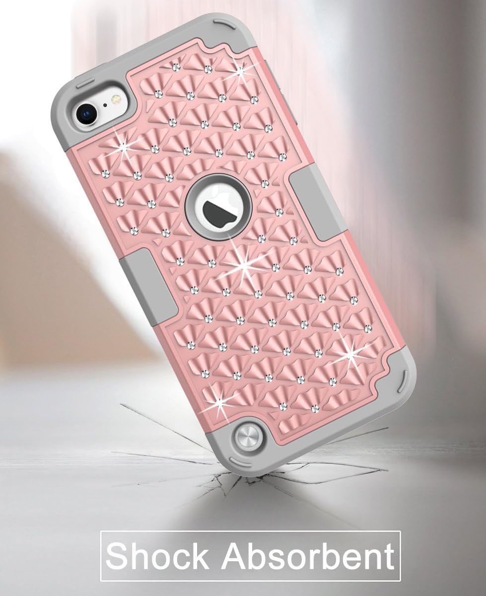 Hocase iPod Touch 7th/6th/5th Generation Case, Shockproof Heavy Duty Silicone Rubber+Hard Plastic Glitter Protective Case for iPod Model A2178, A1574, A1509, A1421 - Rose Gold/Gray