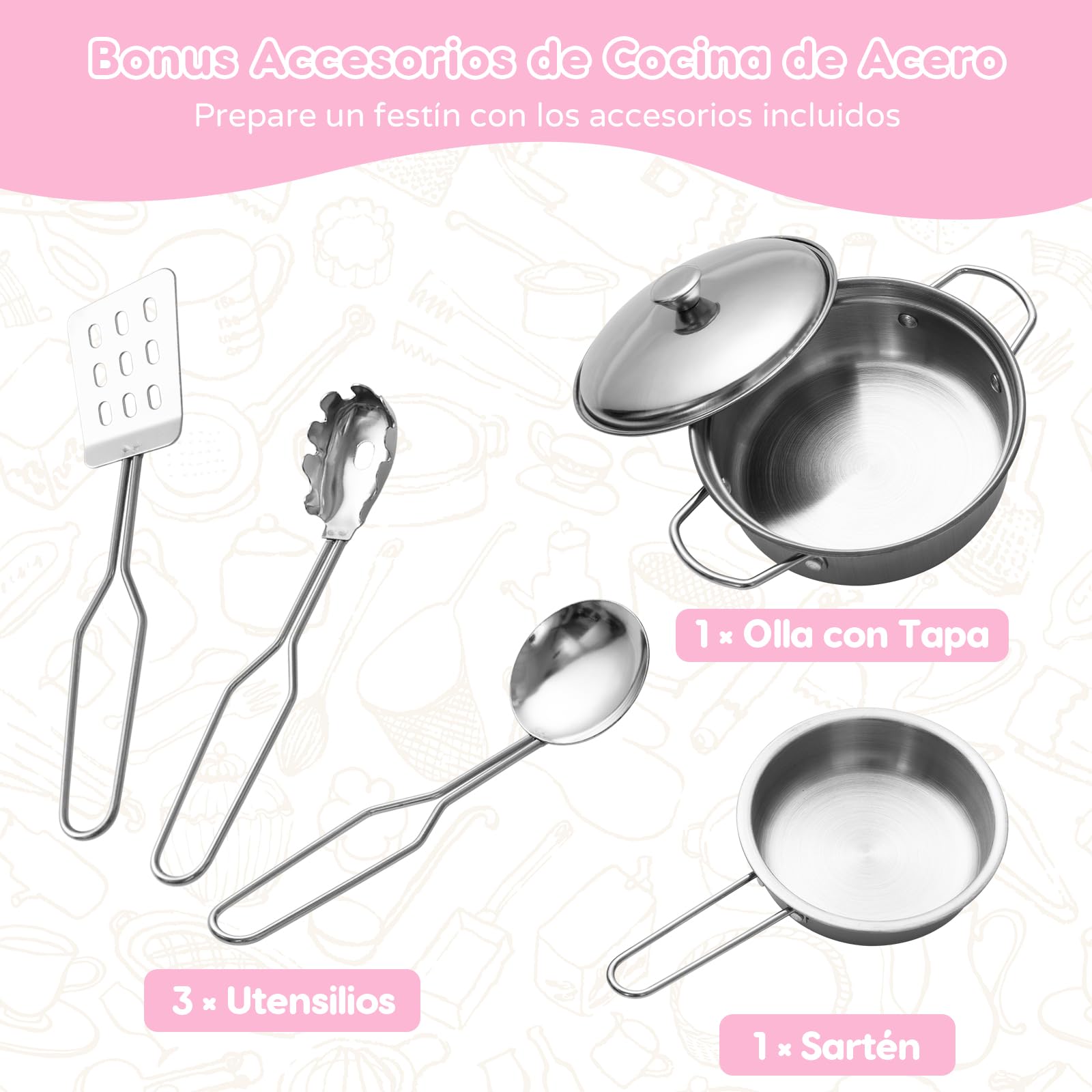 RELAX4LIFE Cocina Juguete con 5 Accesorios y Altura Ajustable 95/99/101cm, Cocinita Infantil con Luces y Sonidos Reales, Espacio de Almacenaje, Cocinita de Madera para Niños 3-8 Años (Rosa-Mini)