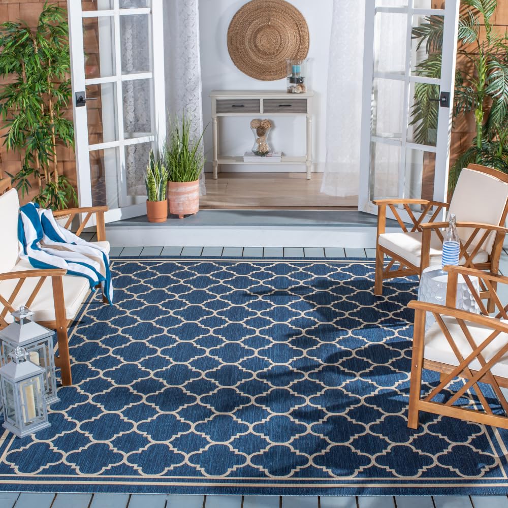 SAFAVIEH Courtyard Collection Area Rug - 8' x 10', Navy & Beige, Non-Shedding & Easy Care, Indoor/Outdoor & Washable-Ideal for Patio, Backyard, Mudroom (CY6918-268)