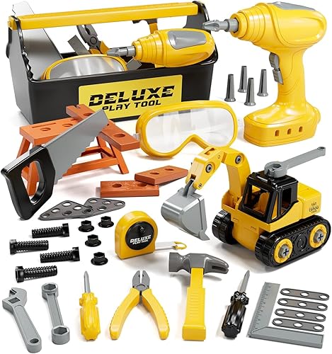 Lehoo Castle Juego de herramientas para niños con taladro eléctrico de juguete y caja de herramientas, juguetes de construcción para niños de 3