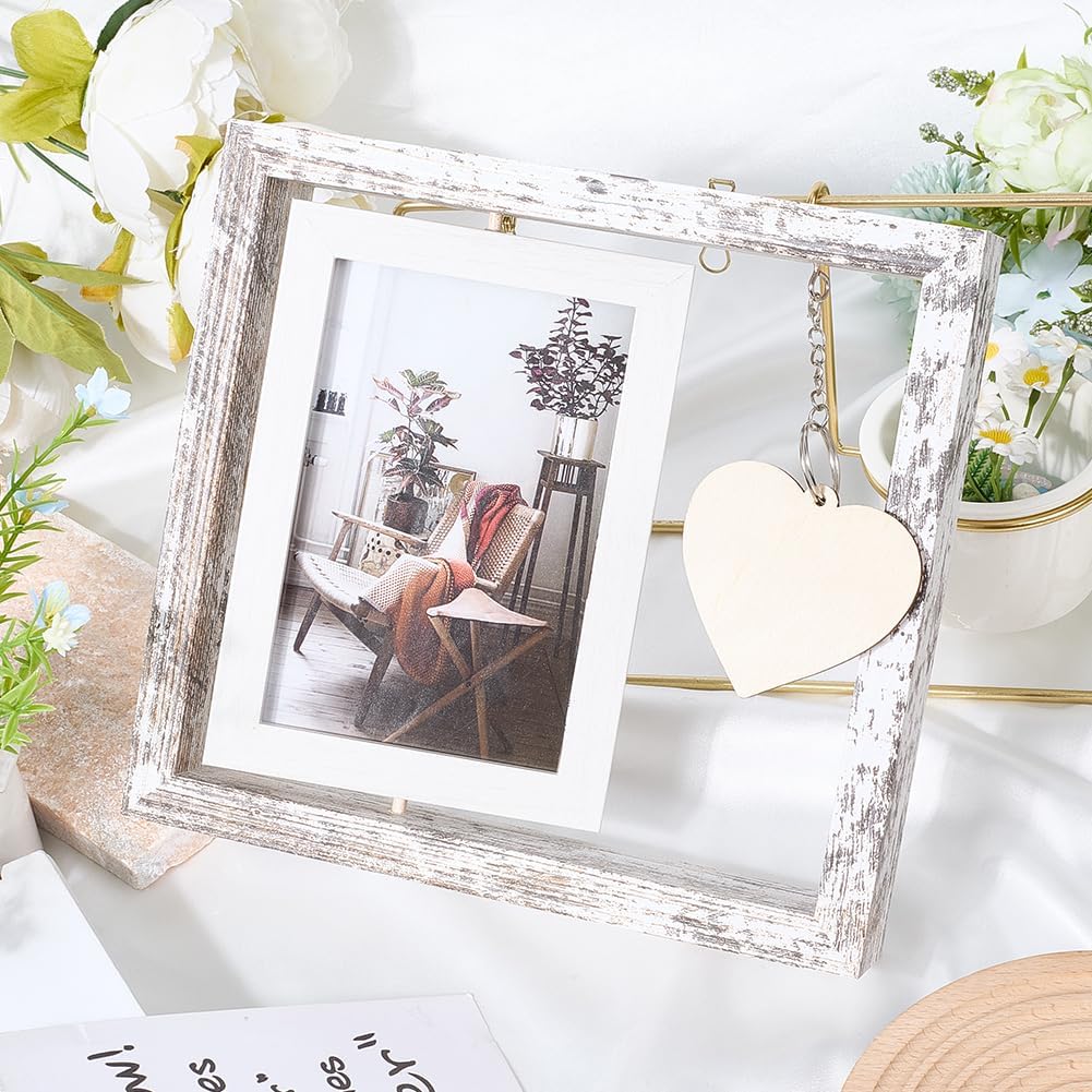 Rotating Picture Frame 4x6 Floating Photo Frame with DIY Heart Charm Double Sided MDF Rustic Wedding Gifts for Newlyweds Couples Bridal Shower Anniversary Engagement Birthday Valentines White