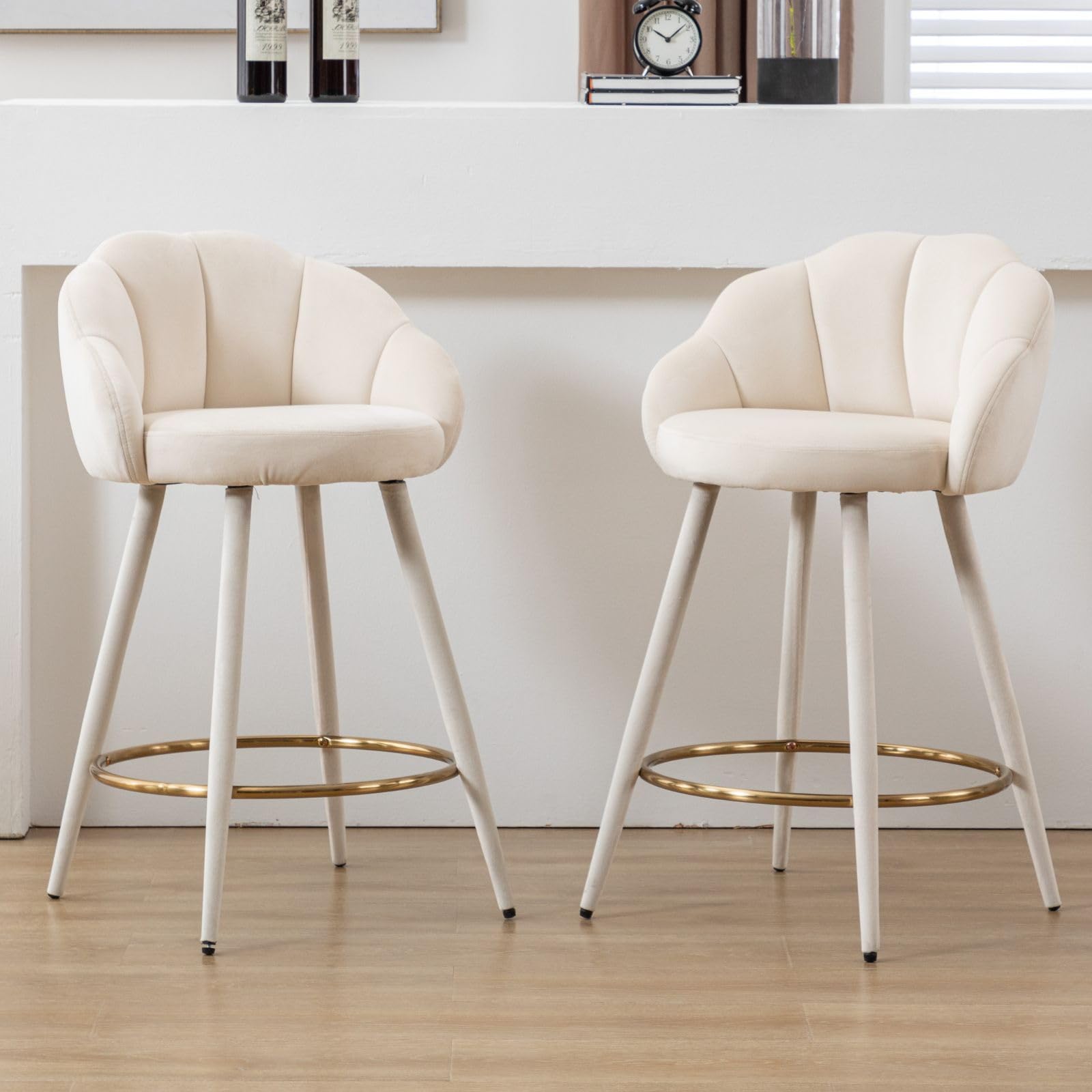 Ya-Home Juego de 2 Taburetes Altos de Cocina de Terciopelo Moderno con Patas de Metal, Sillas Altas de Cocina con Respaldo y Cojin Comodo, Taburetes de Bar para Isla/Restaurante,Beige