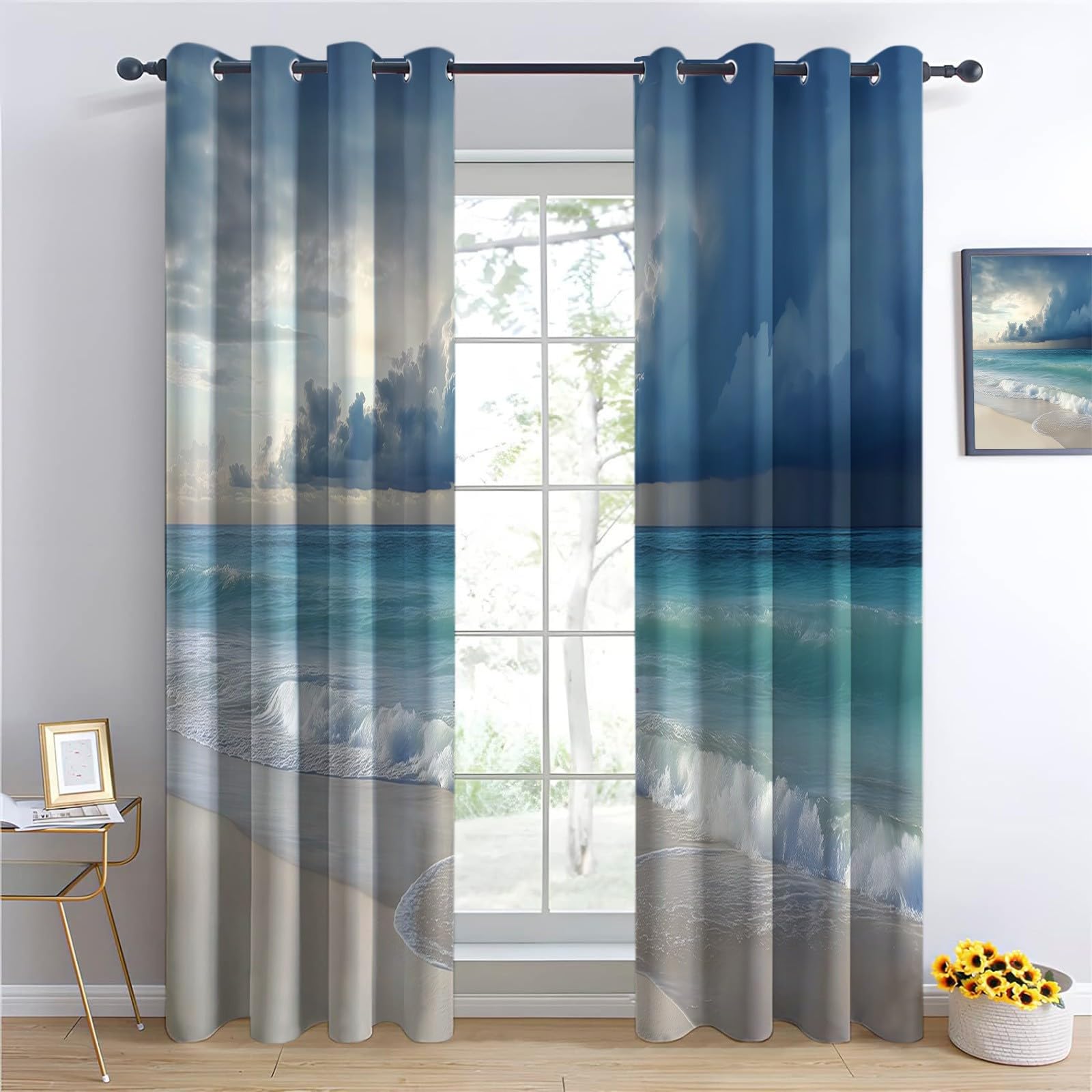 140 x 260 cm, juego de 2 cortinas 100% opacas con aislamiento térmico, paisaje natural, ondas del océano, tela suave e impermeable, doble cortina con ojales para dormitorio, sala de estar, cocina