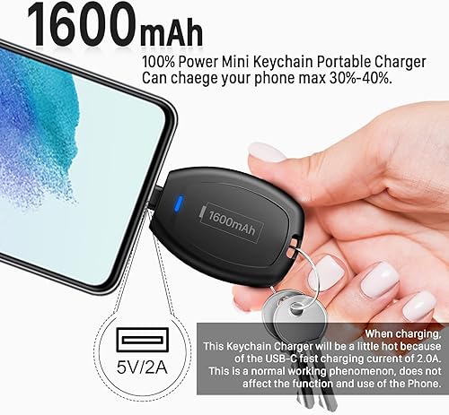 Miniatura 2 de Cargador portátil con llavero USB C, compatible con iPhone 1515 Plus15 Pro15 Pro Max, 1600 mAh Mini Type-C Power Emergency Pod Batería externa