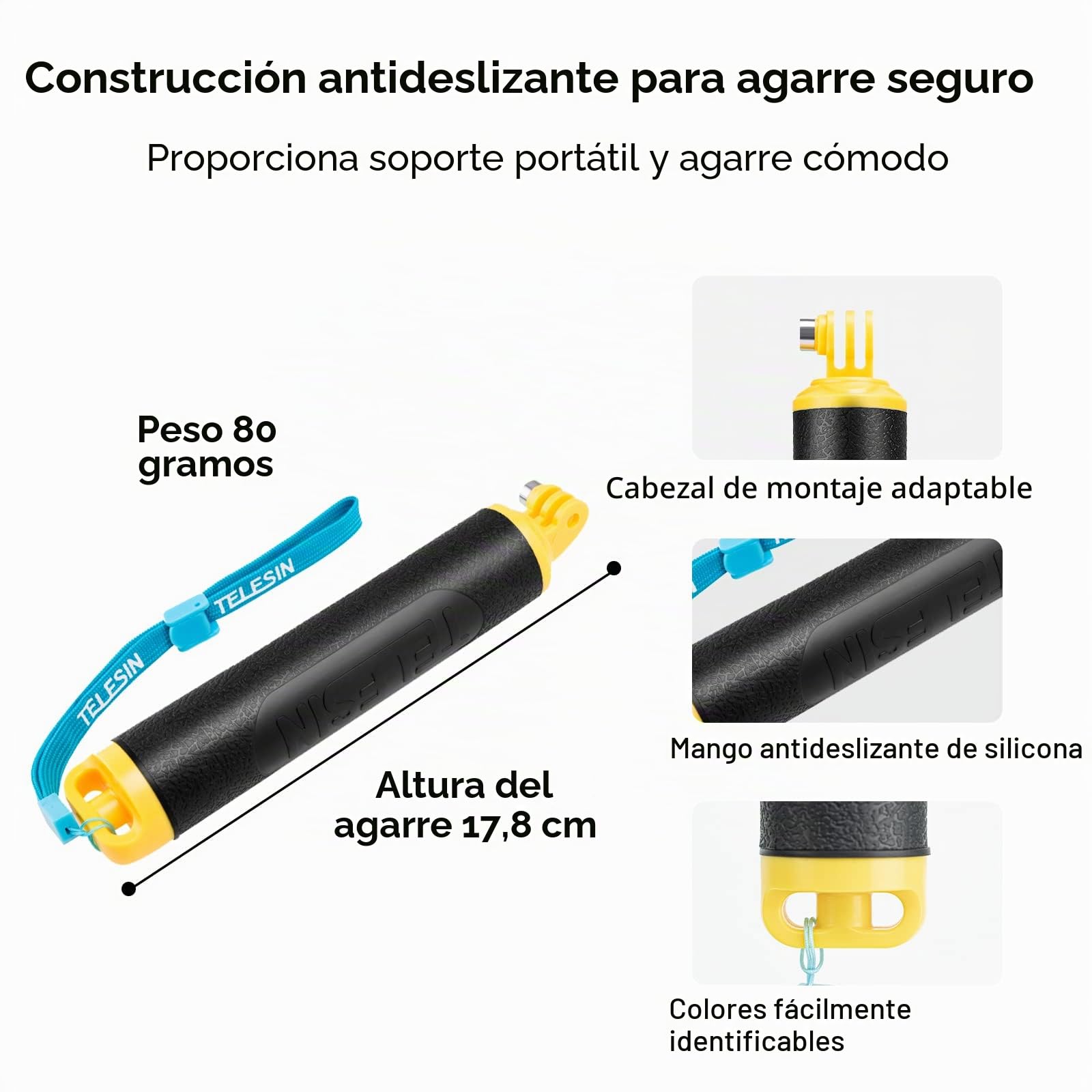 TELESIN Mango Palo Flotante Impermeable para Hero 12 11 10 9 8 7 6 5 4 3 2, MAX, Palo Selfie subacuático Palo Flotante Impermeable con Agarre Antideslizante para la mayoría de Las cámaras acción
