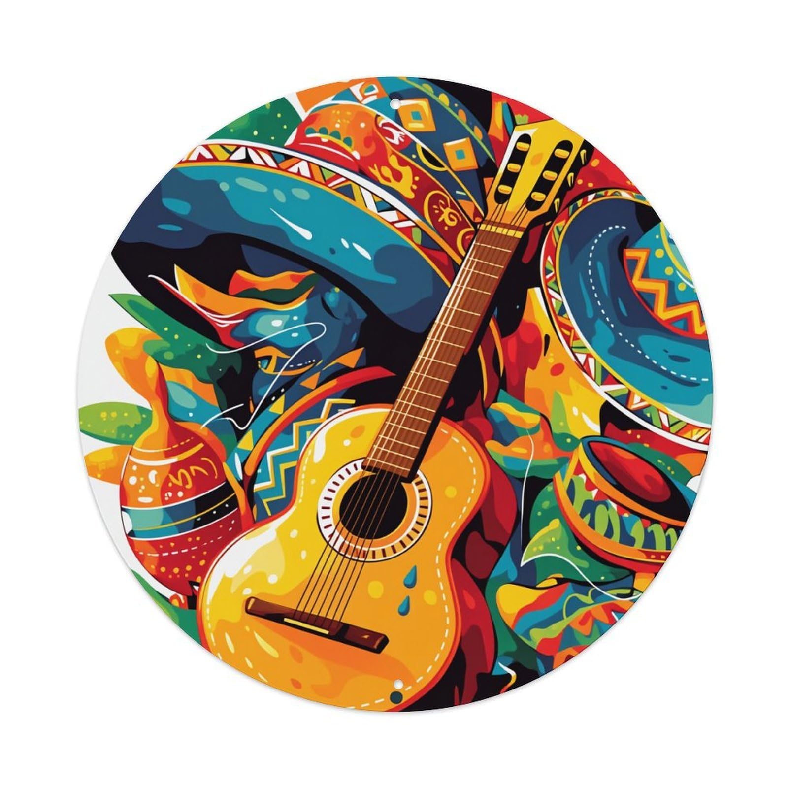Colorful Mexican Guitar Pattern Print Round Tin Sign Vintage Metal Poster, Home Bar Garage Man Cave Cafe Indoor & Outdoor Wall Decoration 8x8Inches